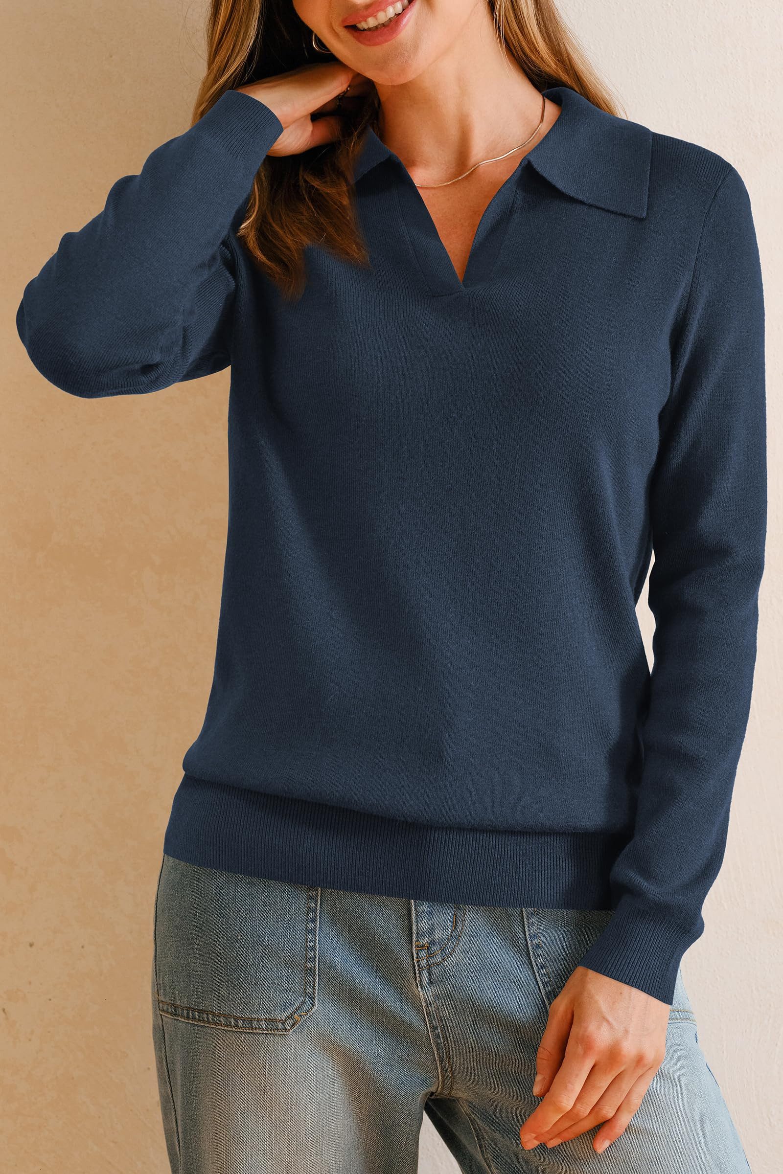 Arach&Cloz Poloshirt Damen Poloshirts Langarmshir Strickpullover Longpullover V-Shirt aus Wollmischung Herbstpullover Business CasualOutfits