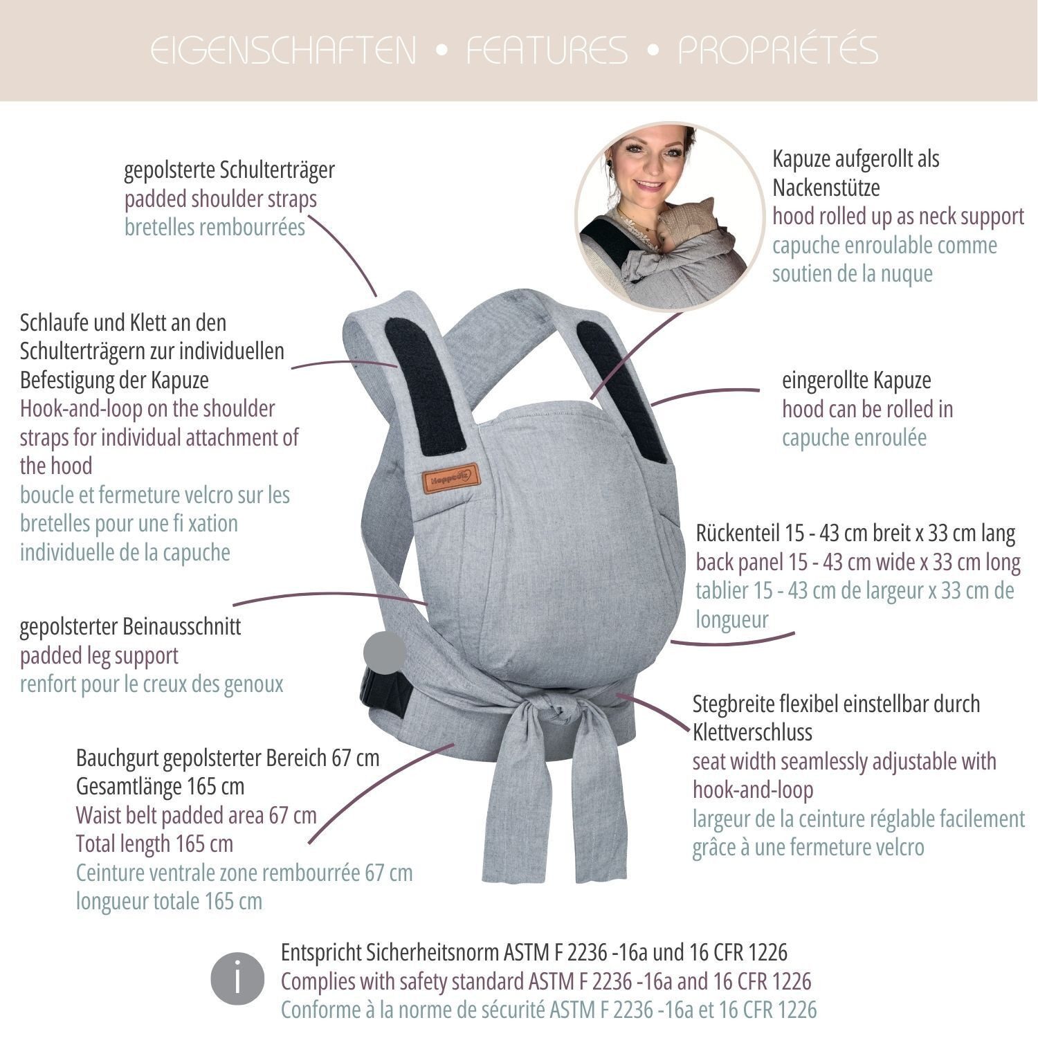 Hoppediz Babytrage Bondolino b.pure, Komforttrage ab Geburt (3 - 20 kg) Bauchtrage, Rückentrage & Hüfttrage – Bild 5 von 5