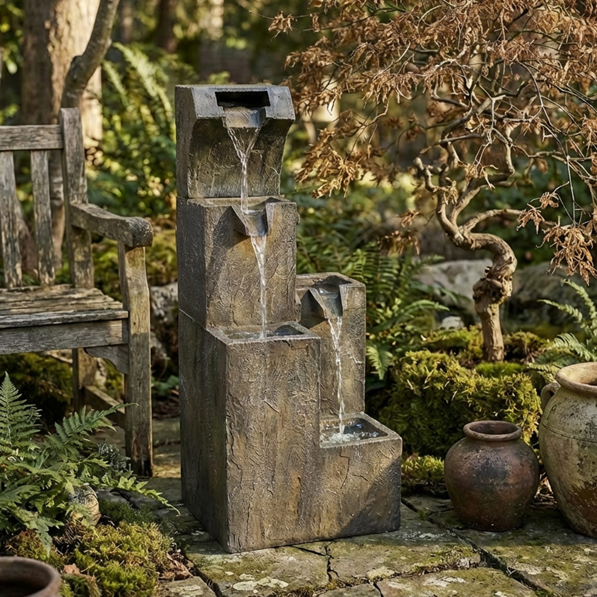 Köhko Gartenbrunnen Brunnen mit LEDs, stufige Wasserfall für Garten,Terrasse,Balkon
