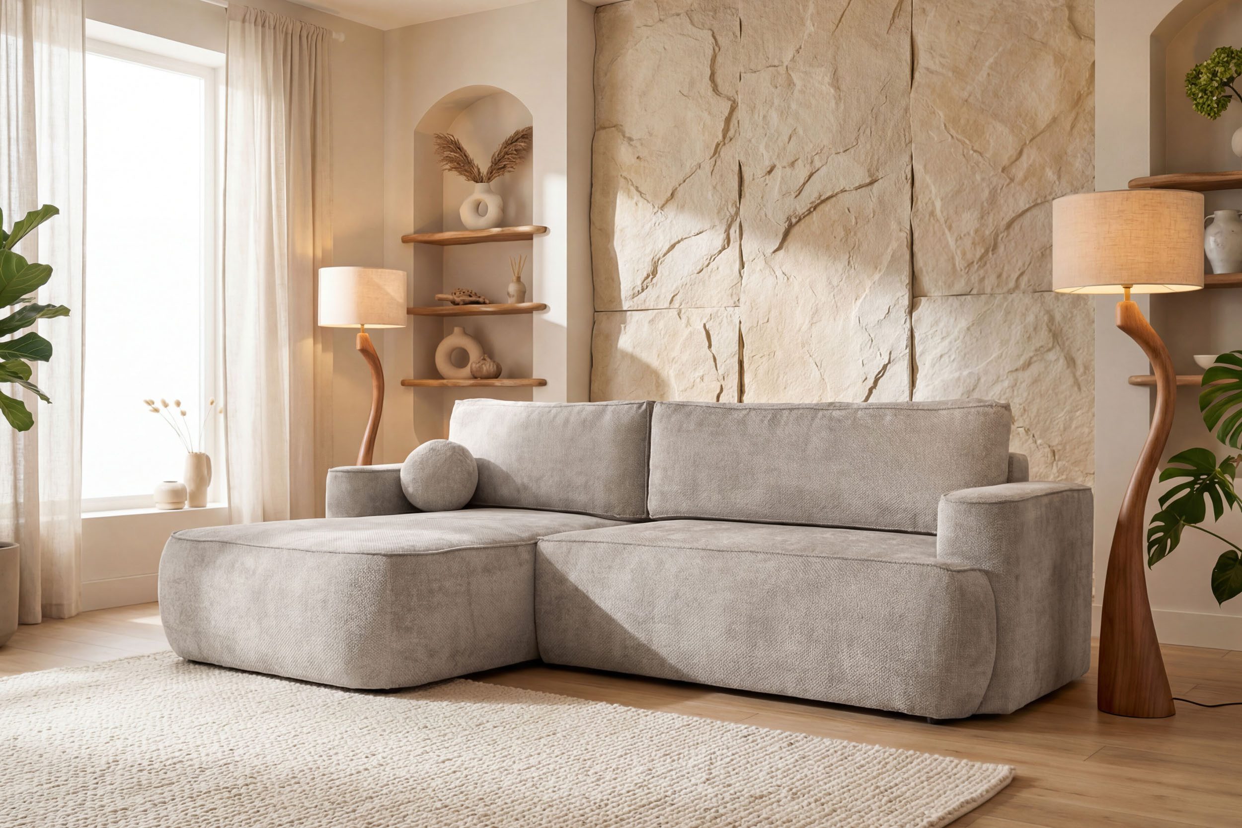 WFL GROUP Ecksofa Marion 4-Sitzer in L-Form mit Schlaffunktion & Stauraum, Links, Schlaffläche 220 x 140 cm, inkl. Dekokissen und Rückenkissen in Chenille-Stoff
