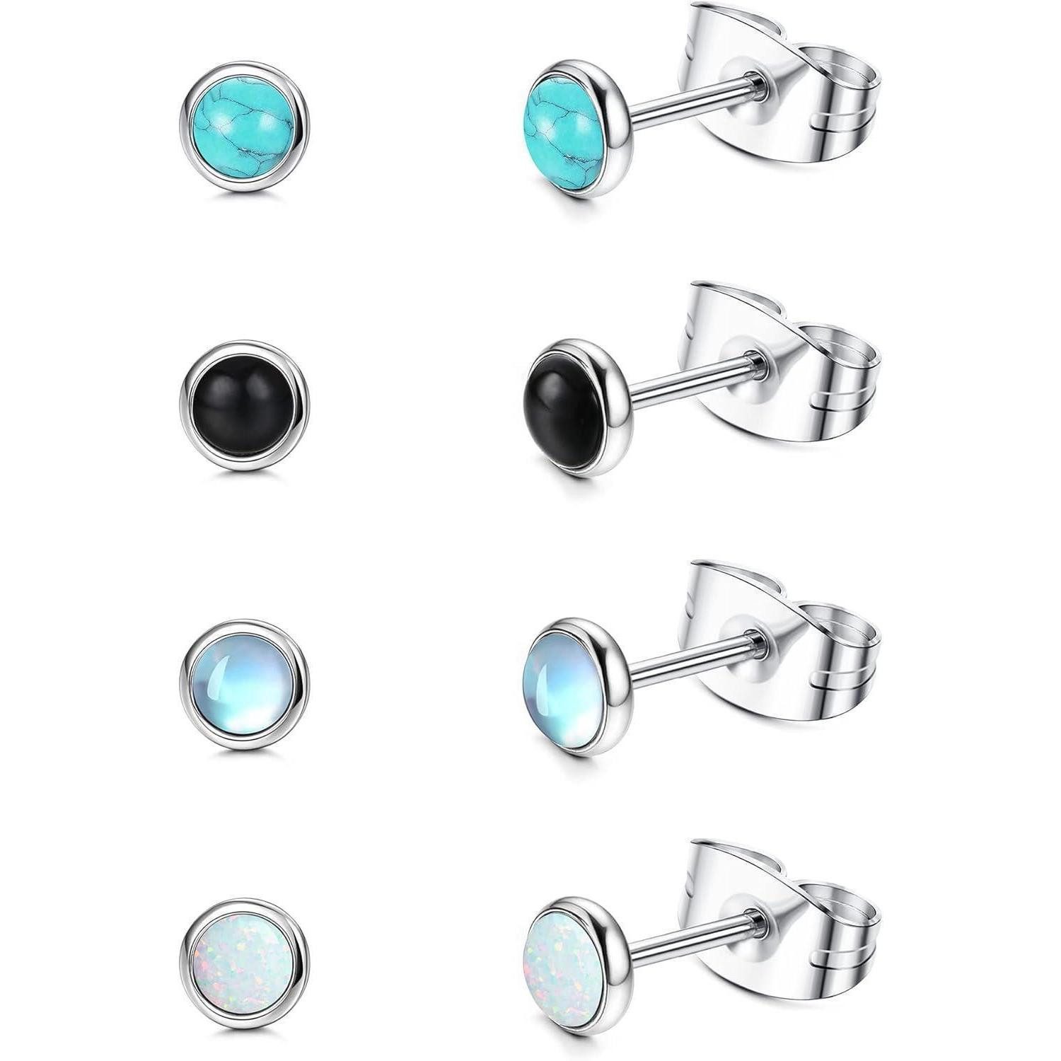 Ohrstecker-Set Mondstein Opal Türkis Ohrstecker Set 4MM/6MM Blau Schwarz Hypoallergen