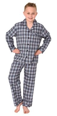 Normann Pyjama Jungen langarm Flanell Schlafanzug in Karo Optik zum durchknöpfen