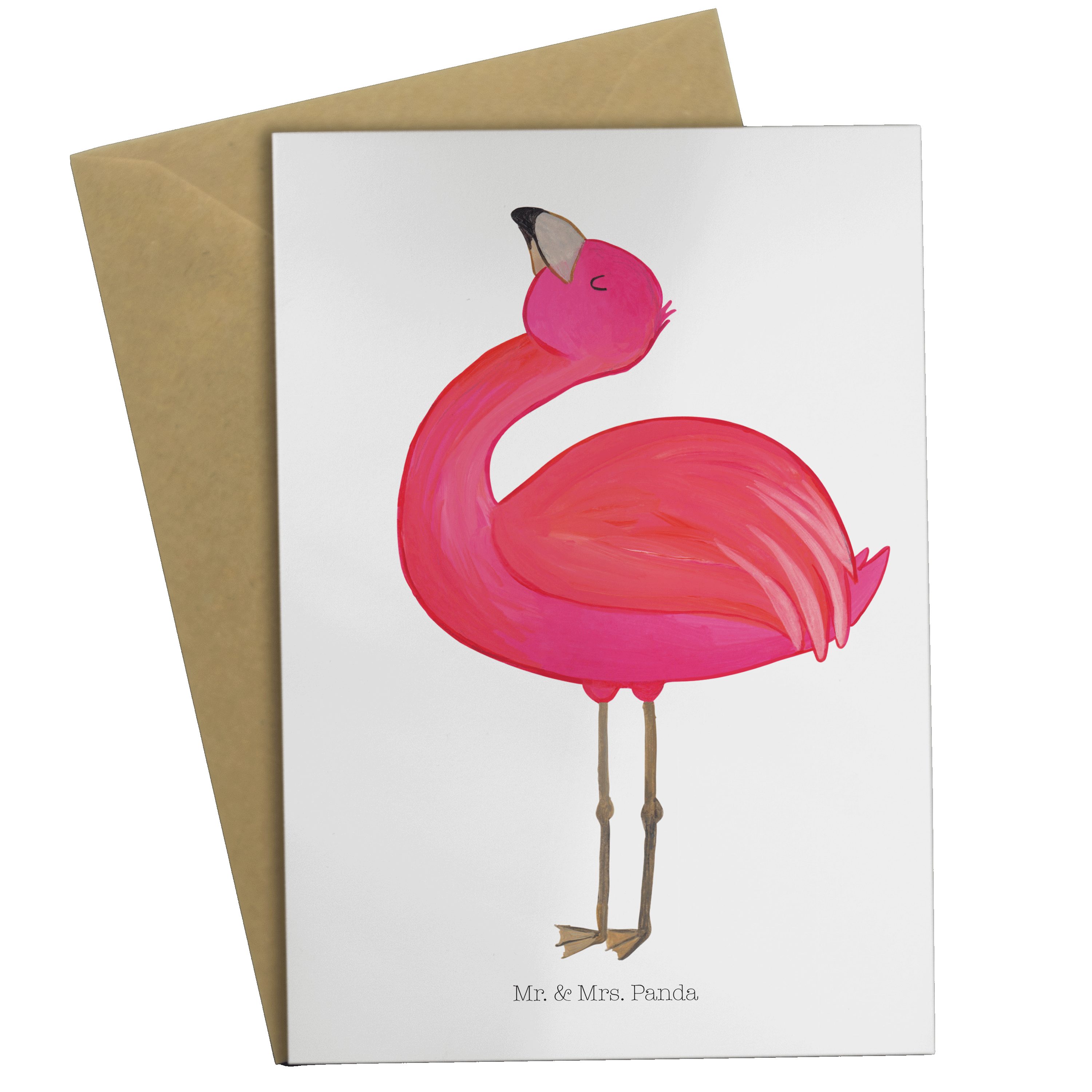 Mr. & Mrs. Panda Grußkarte Flamingo stolz - Weiß - Geschenk, Klappkarte, Selbstakzeptanz, Geburt