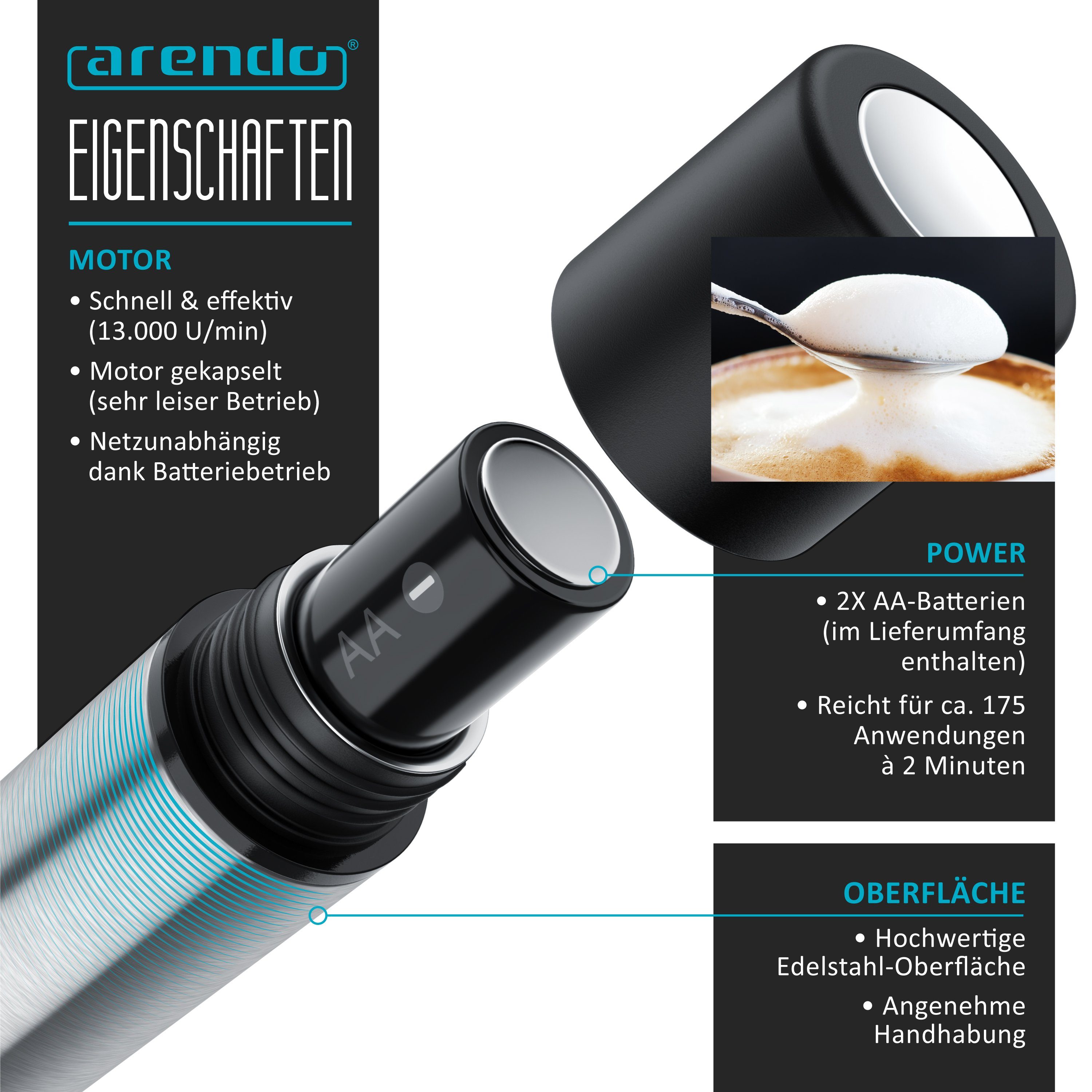 Arendo Milchaufschäumer Handmilchaufschäumer elektrisch, Stab mit Einzel & Dualquirl, Edelstahl Milk Frother mit Standhalterung, Batteriebetrieb 13100 U/min