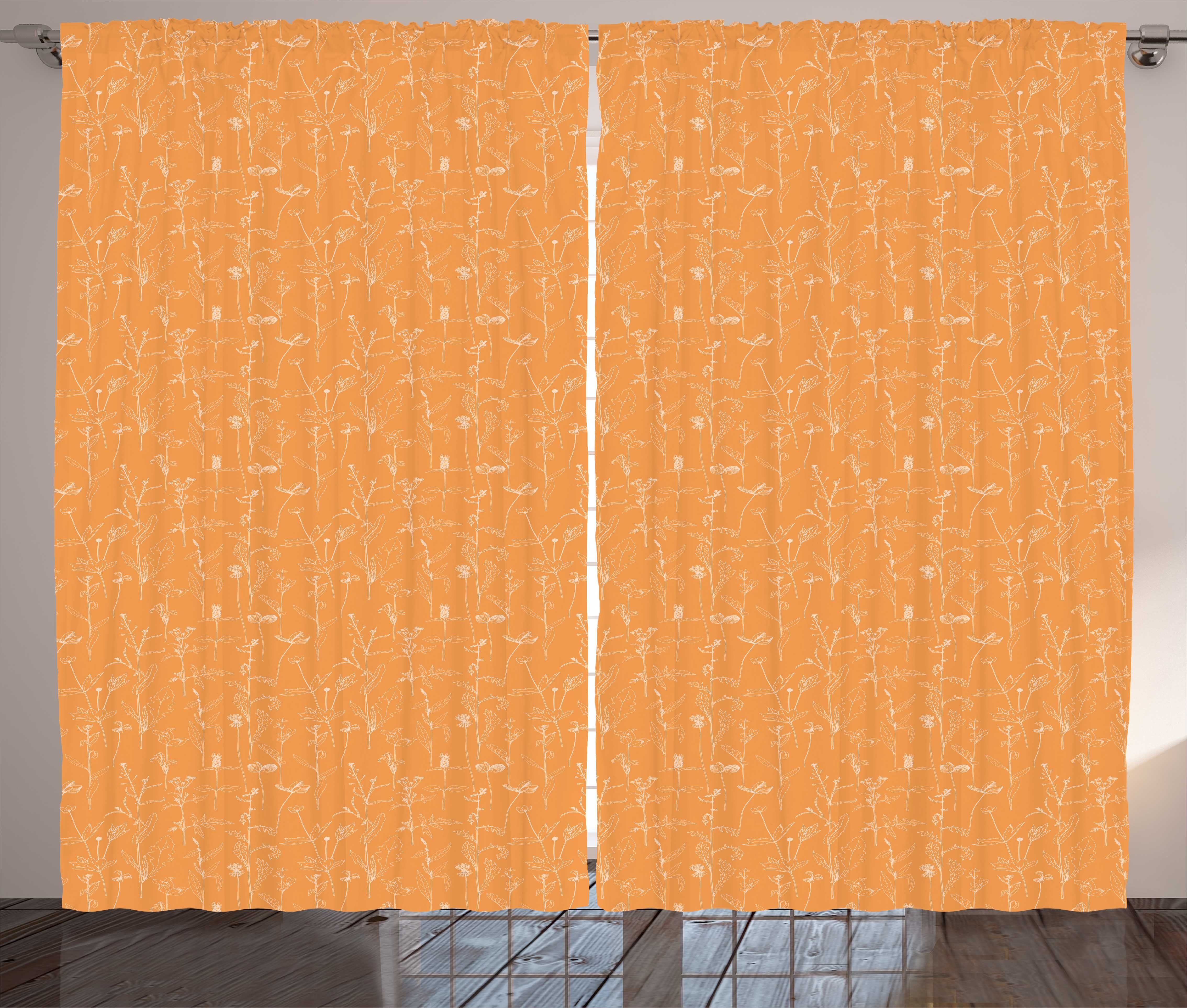 Orange und Schlafzimmer Leaves und Abakuhaus, Gardine Blooming Vorhang Kräuselband mit Schlaufen Weiß Haken,