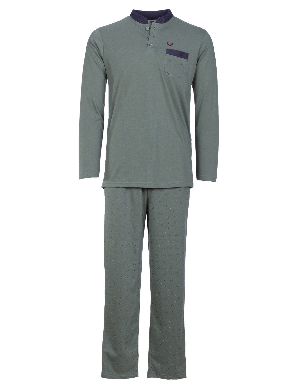 Henry Terre Pyjama Bruno Langarm- Stehkragen Shirt Uni gemusterte Hose Brusttasche – Bild 3 von 5