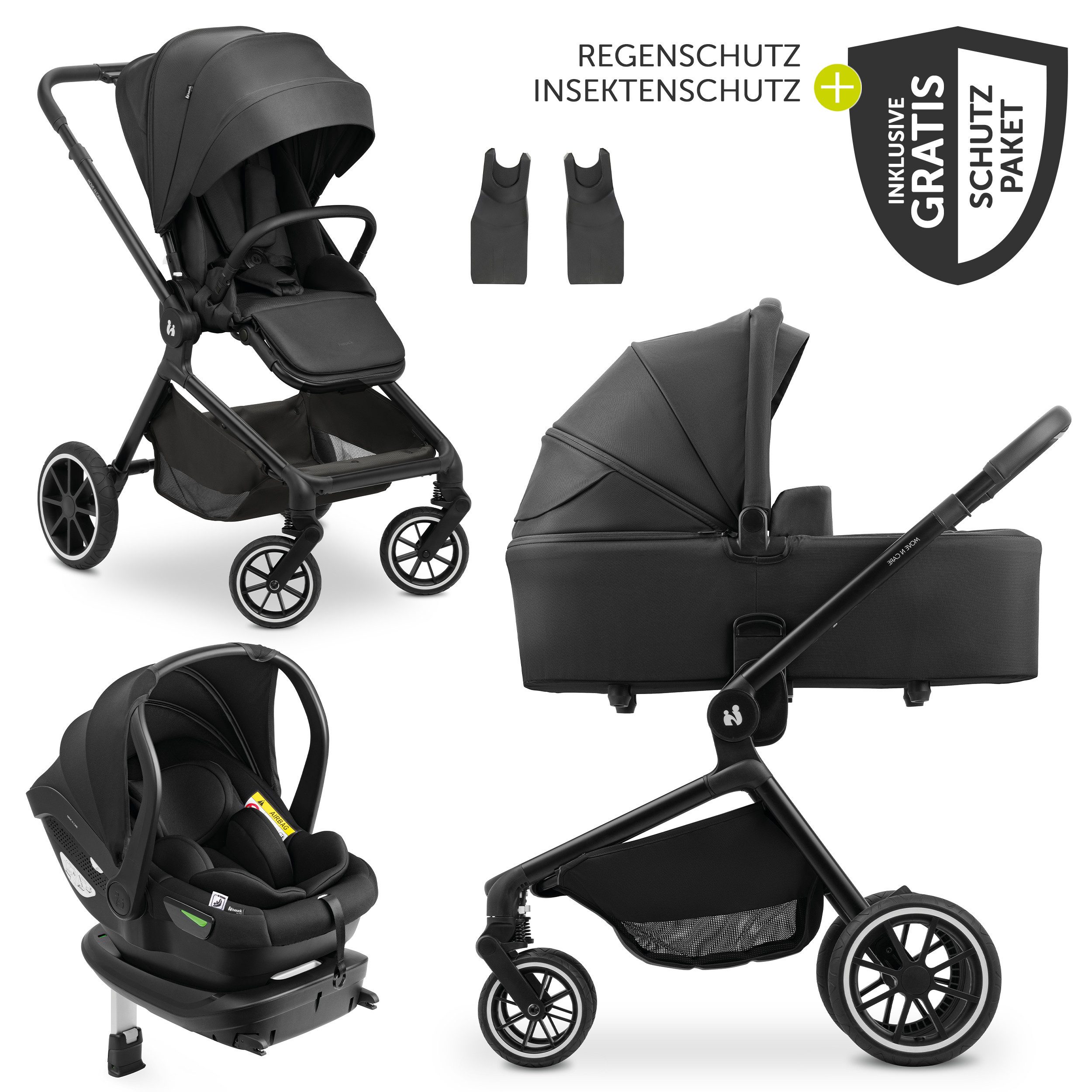 Hauck Kombi-Kinderwagen Move N Care Trio Set - Black, 4in1 Kinderwagen Set mit Babywanne, Babyschale, Isofix Base & Zubehör
