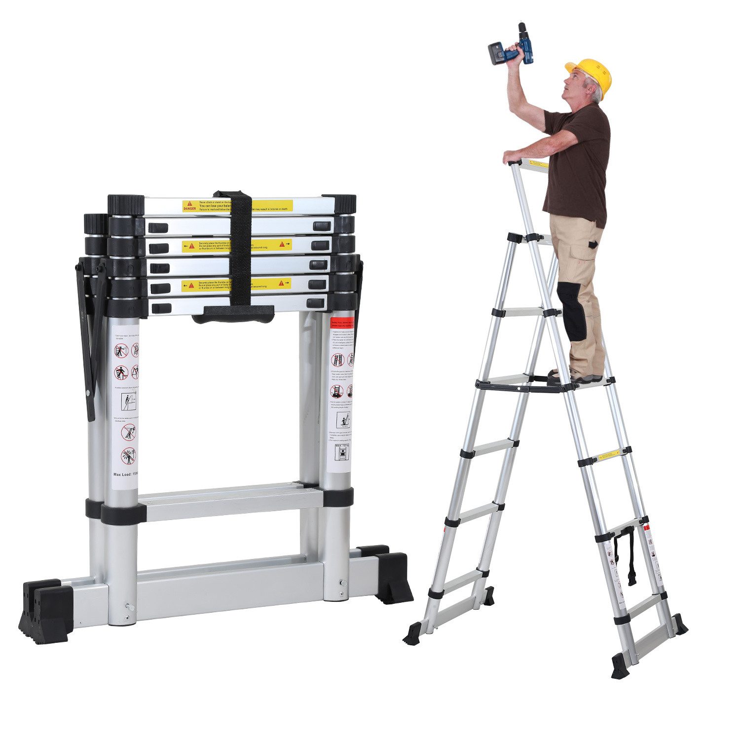 Clanmacy Teleskopleiter Premium Alu Teleskopleiter Anlegeleiter Klappleiter Höhe 2,0M Silber (Teleskopleiter,Anlegeleiter,Klappleiter,Schiebeleiter, Hochleistungs-Teleskopleiter, Hochwertiges Aluminiummaterial), Mühelose Portabilität Unabhängige Verriegelung Narrensicherer Betrieb