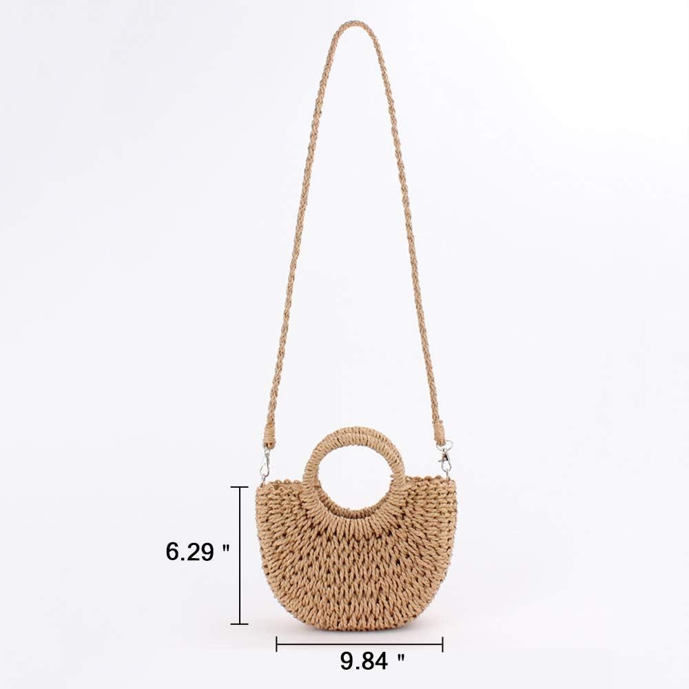 Bwecuy Umhängetasche Strohtasche Damen Halbmond, Handgeflochtene Rattan Strandtasche, Retro Schultertasche und Crossbody Bag, Sommer Tasche