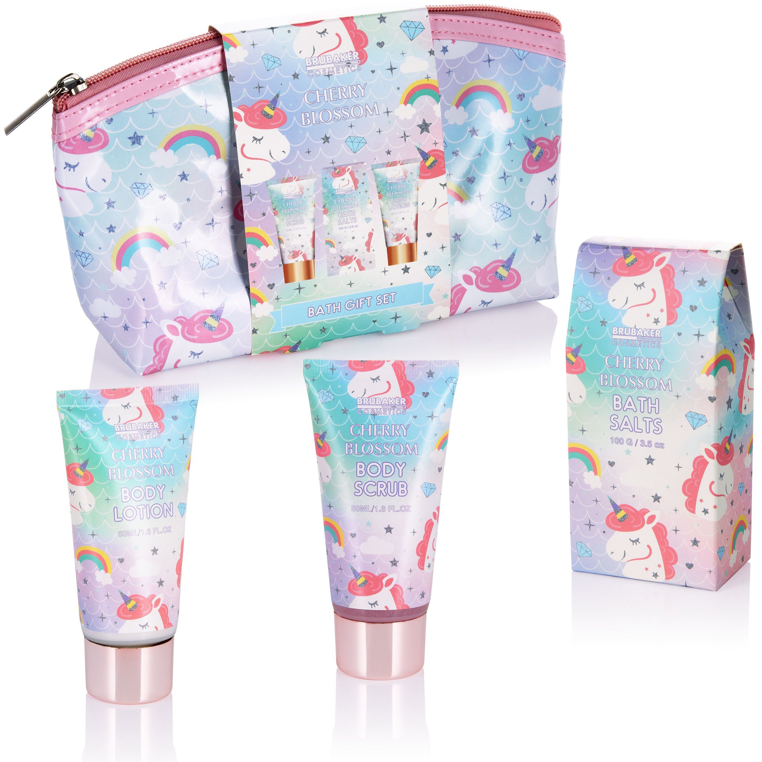 BRUBAKER Pflege-Geschenkset Dusch- und Badeset mit Einhörner mit Kirschblüten Duft, Pflegeset, 4-tlg., Einhorn Geschenkset in Kosmetiktasche für Frauen, Wellness Set