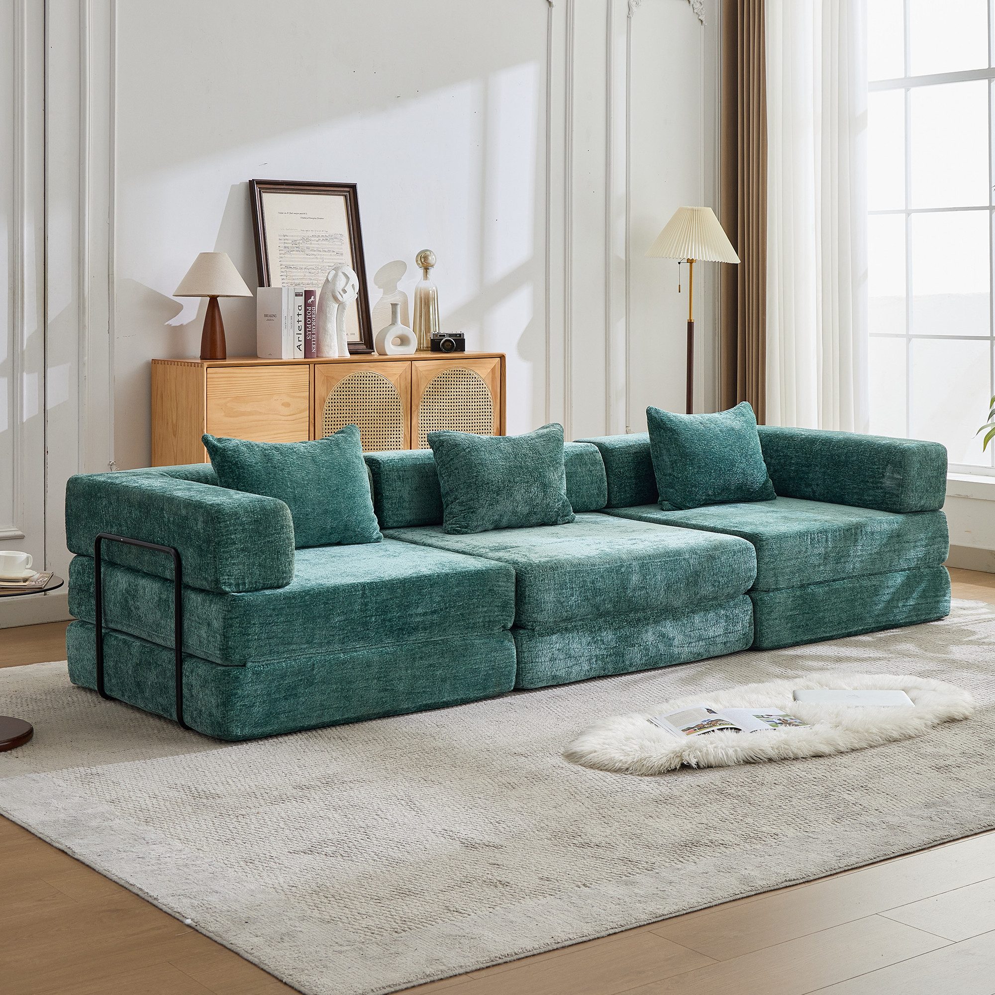 Vankel Sofa Sofas Wohnzimmer, 3-Sitzer Sofa mit Schlaffunktion Chenille, Modulares Schlafsofa, faltbar, komfortabel und ohne Montage