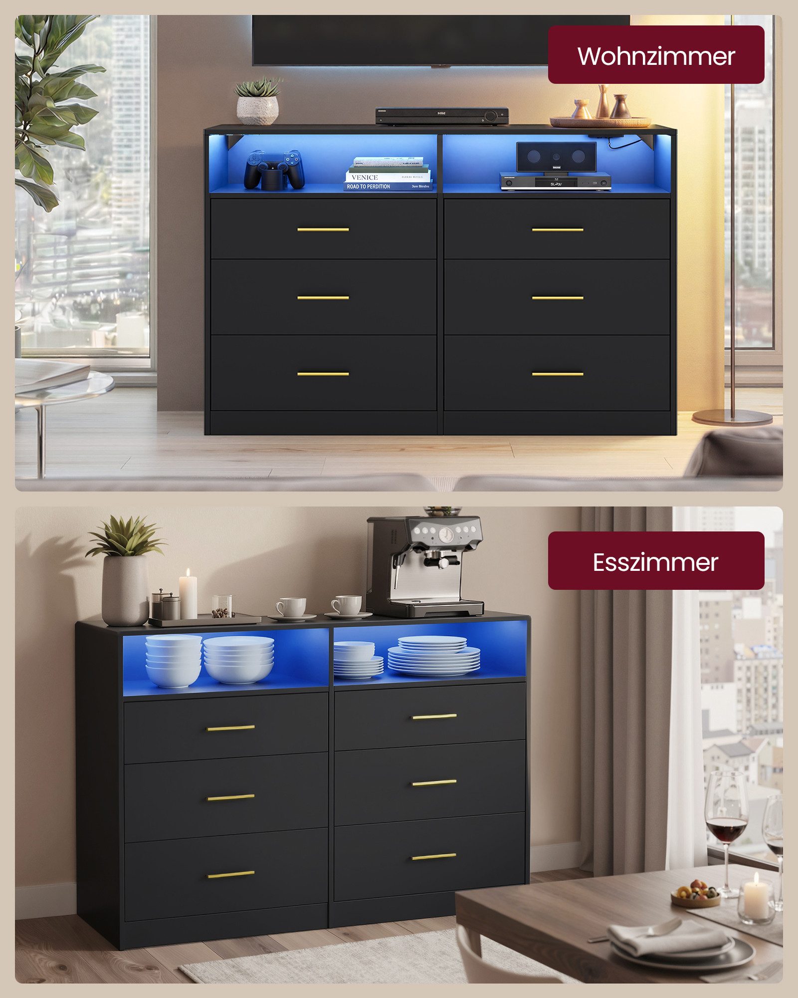 VASAGLE Kommode Kommodenschrank mit LED-Beleuchtung und Steckdosenleiste, 6 Schubladen, 40 x 119 x 81,2 cm, Wohnzimmer, Schlafzimmer, modern – Bild 5 von 5