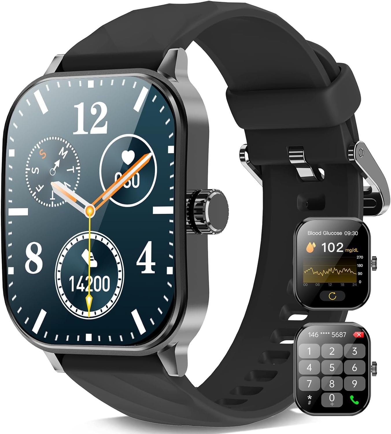 Marsyu Smartwatch (2,1 Zoll, Android iOS), Fitnessuhr mit Blutzuckermessung 100+ Sportmodi IP68 Wasserdicht