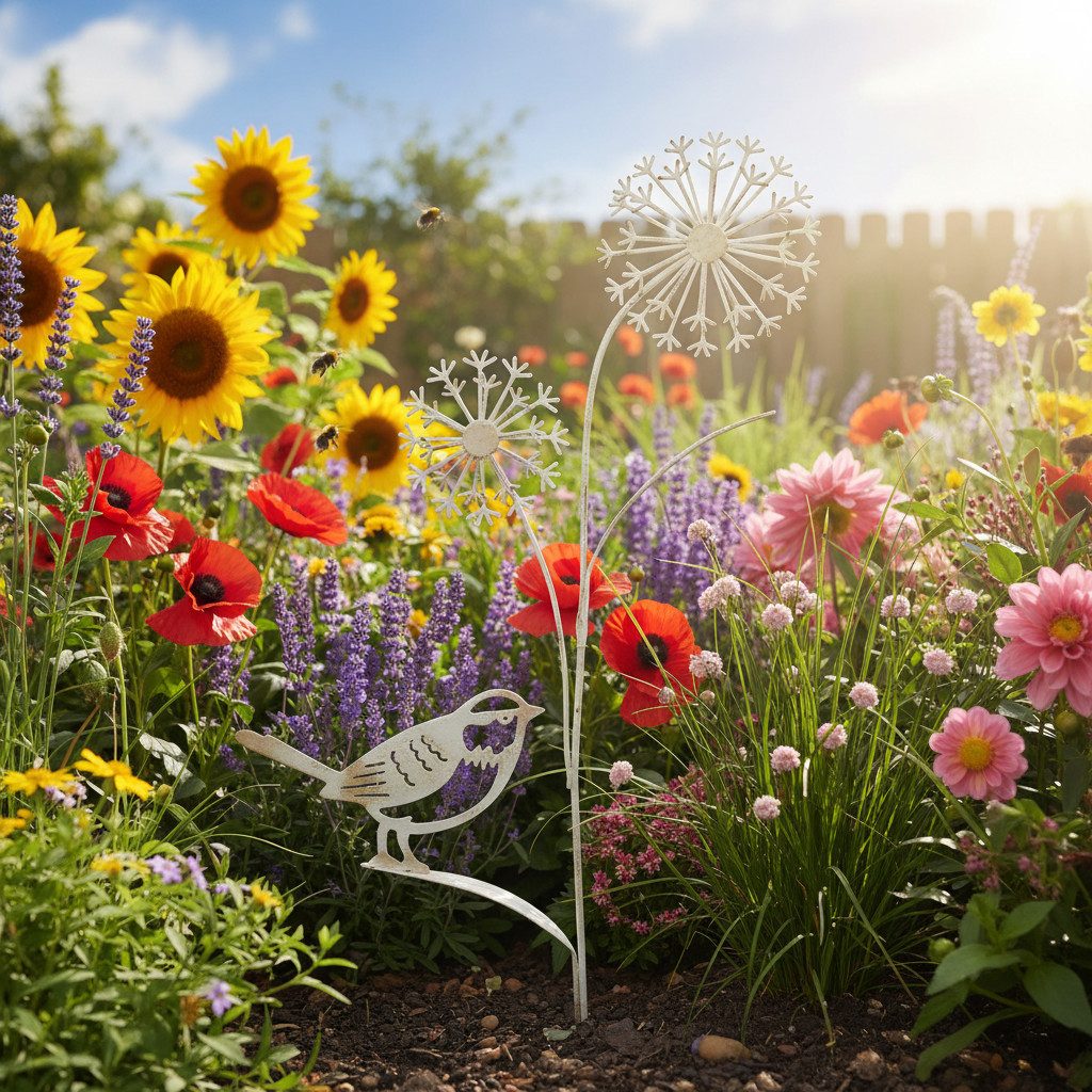 Florists Products Gartenstecker Metall Deko Blumenstecker Allium Vogel Weiß Shabby Chic Garten