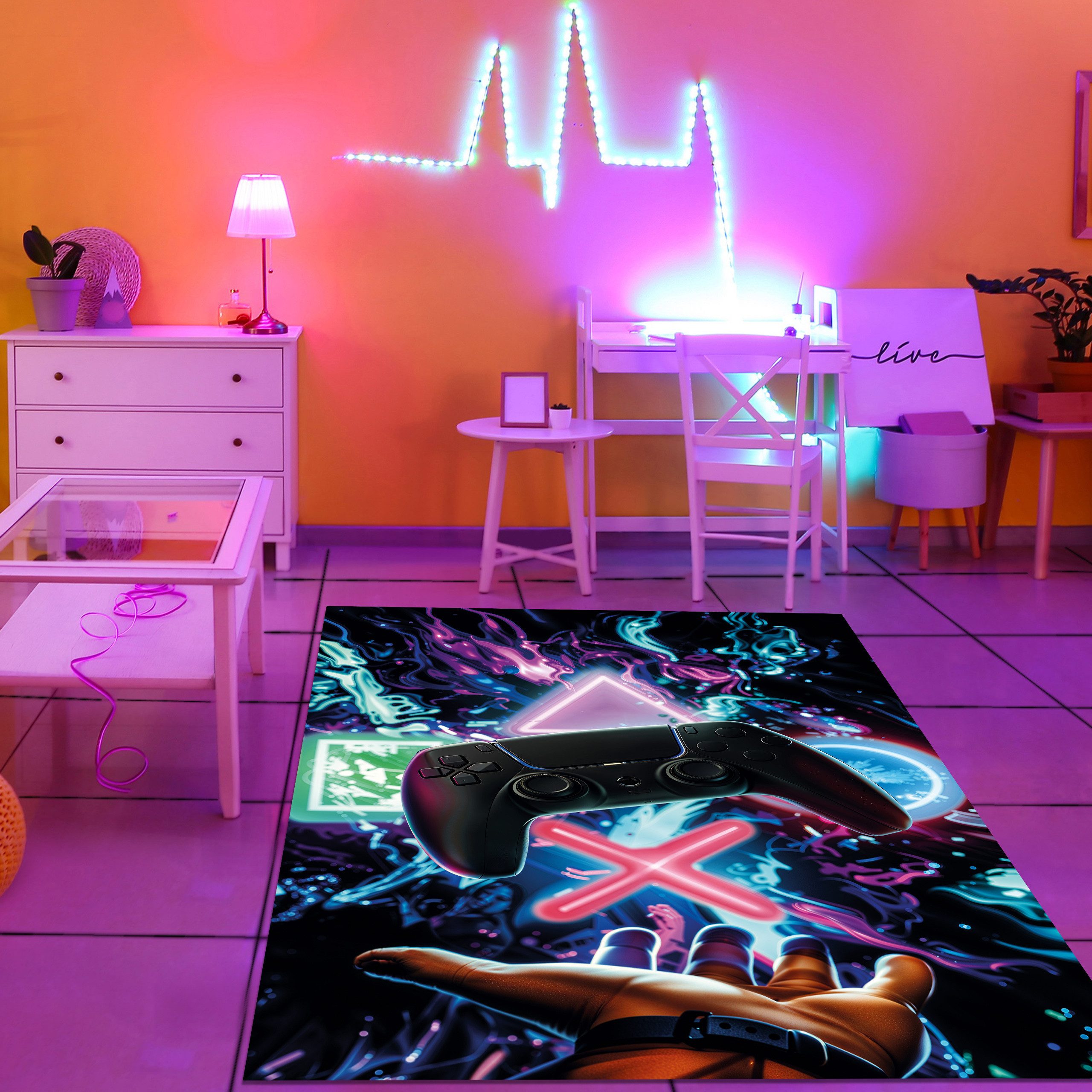 TeppichHome24 Teppich Gaming-Teppich mit lebendigen neon-farbigen Symbolen günstig online kaufen