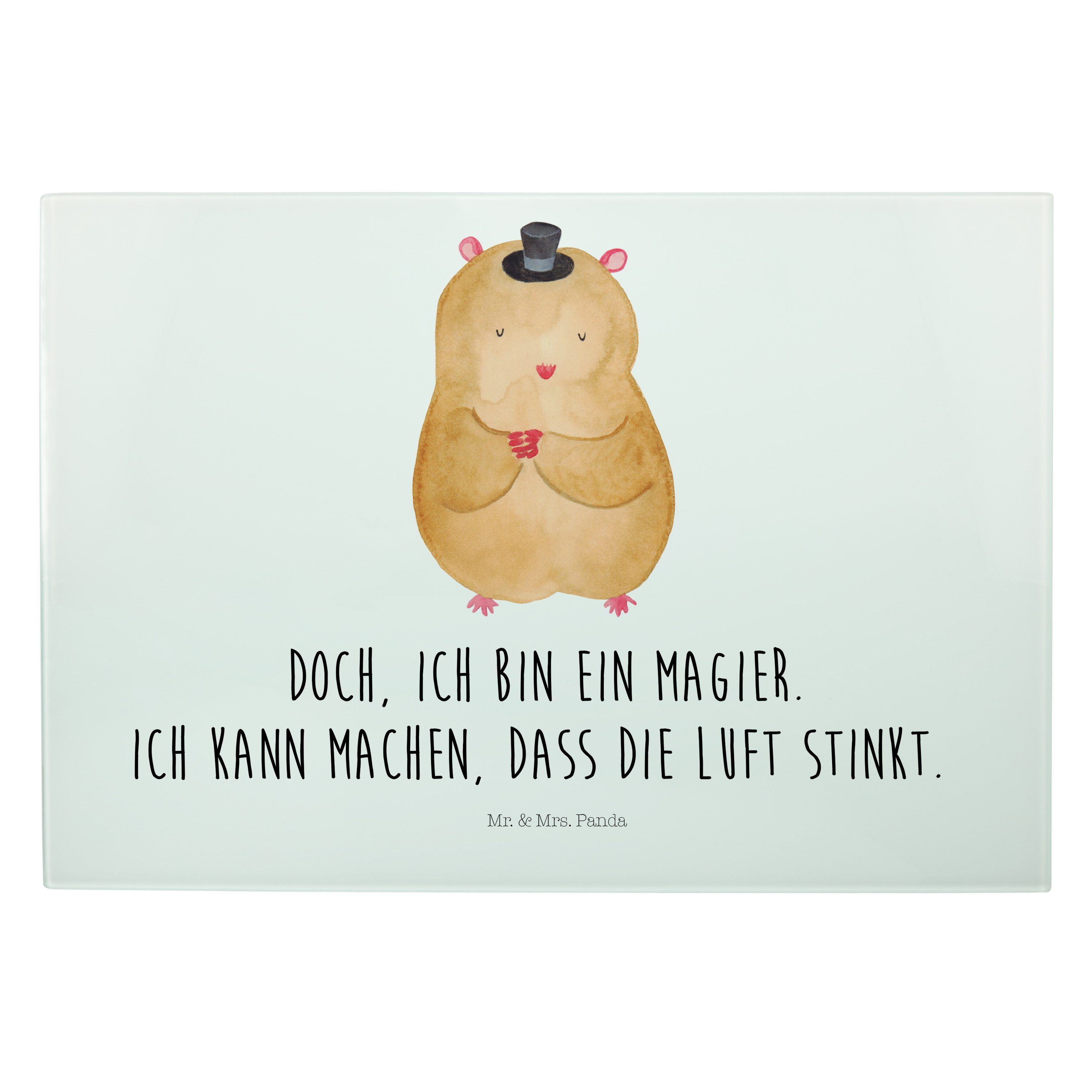 Mr. & Mrs. Panda Servierbrett Hamster mit Hut - Weiß - Geschenk, Tiermotive, Zauberer, Zylinder, Fr, Premium Glas, (1-St)