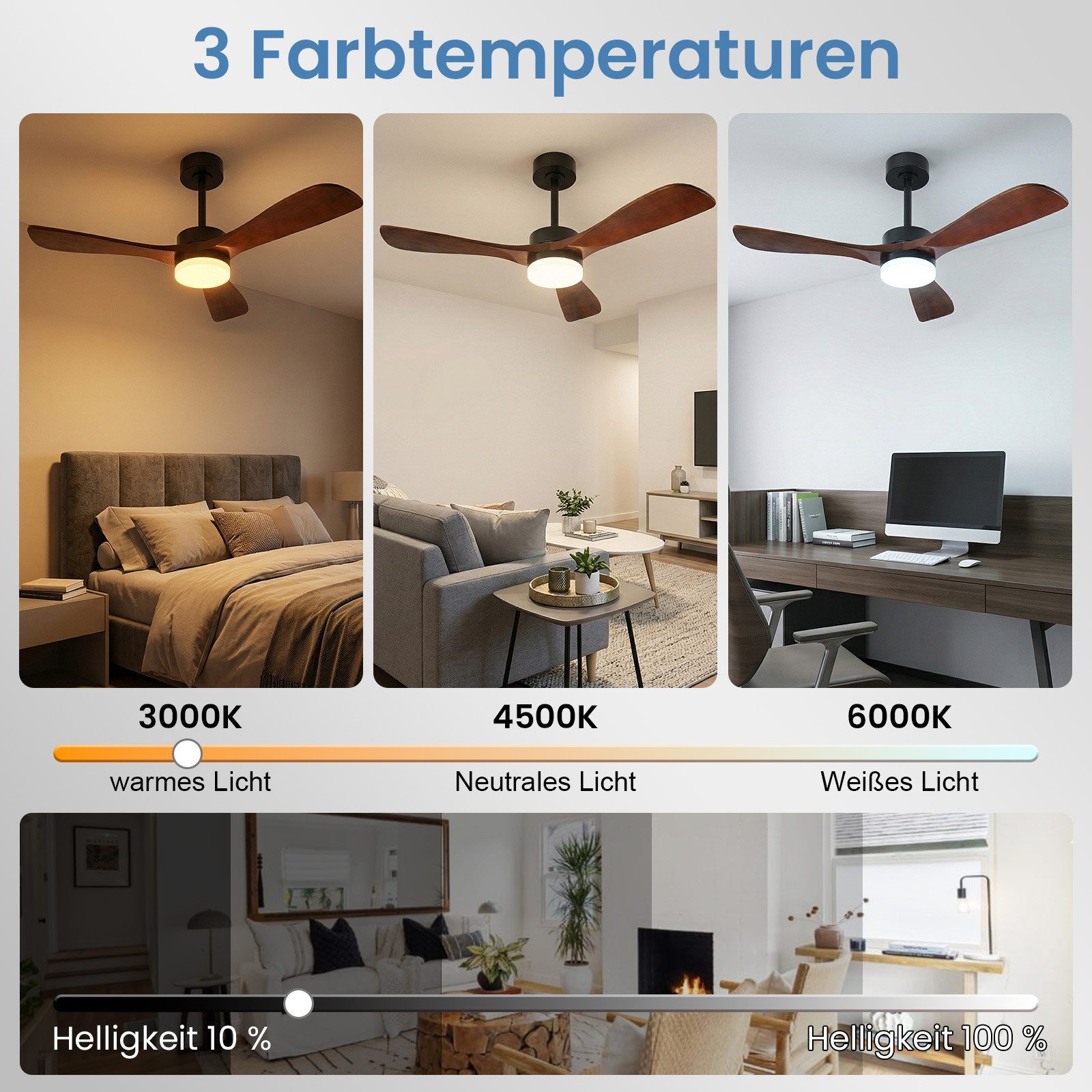 Rosnek Deckenventilator Massivholz mit Licht, App & Fernbedienung,leiser reversibler DC-Motor, 18W LED dimmbar, 6 Stufen, 3 Lichtfarben, für Schlafzimmer, Wohnzimmer