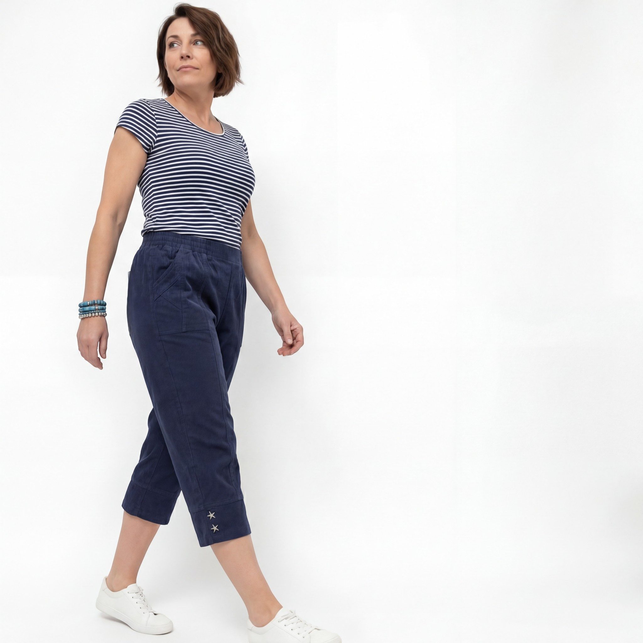 OriginalYou Caprihose Damen Stretch Hose Kurze Sommerhose mit Nadelstreifen mit elastischem Bund, auch in großen Größen erhältlich 36-50