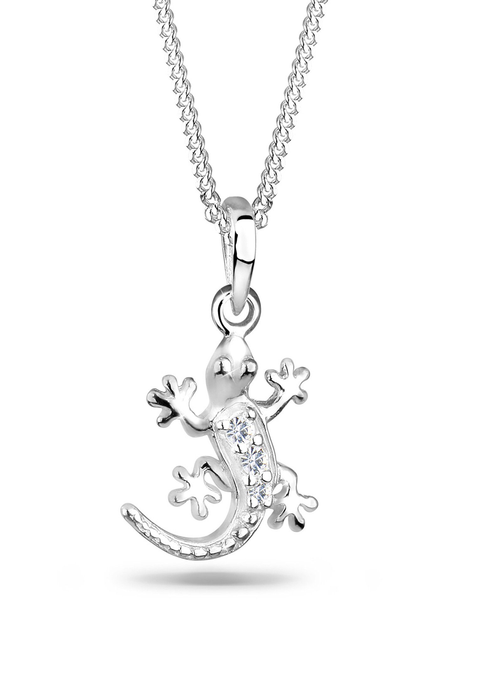 Elli Kette mit Anhänger Eidechse Kristalle Silber, Weiß Gecko Eidechse 925