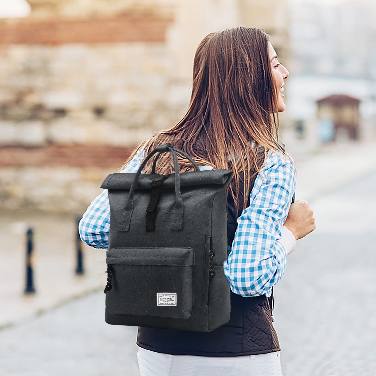 TAN.TOMI Cityrucksack Rucksack Damen Herren Tagesrucksack mit Laptopfach, Modern Rolltop Rucksack Daypack, Wasserabweisend