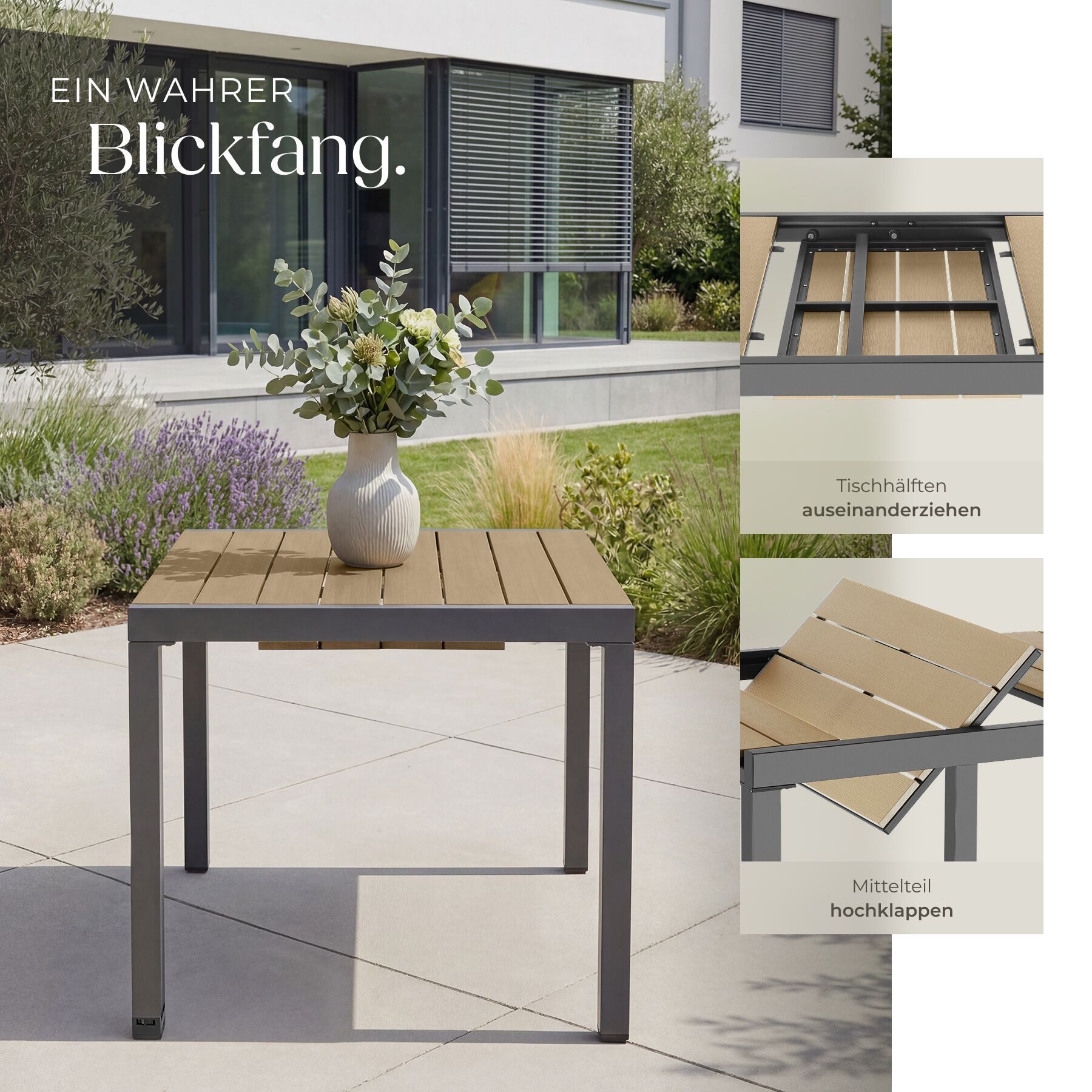 tectake Gartentisch Outdoor-Esstisch aus Aluminium für 4-6 Personen, 80–120 x 80 x 74 cm (Balkontisch Inca, 1-St., in schwarz/braun), Lamellen in Holzoptik, wet – Bild 4 von 5