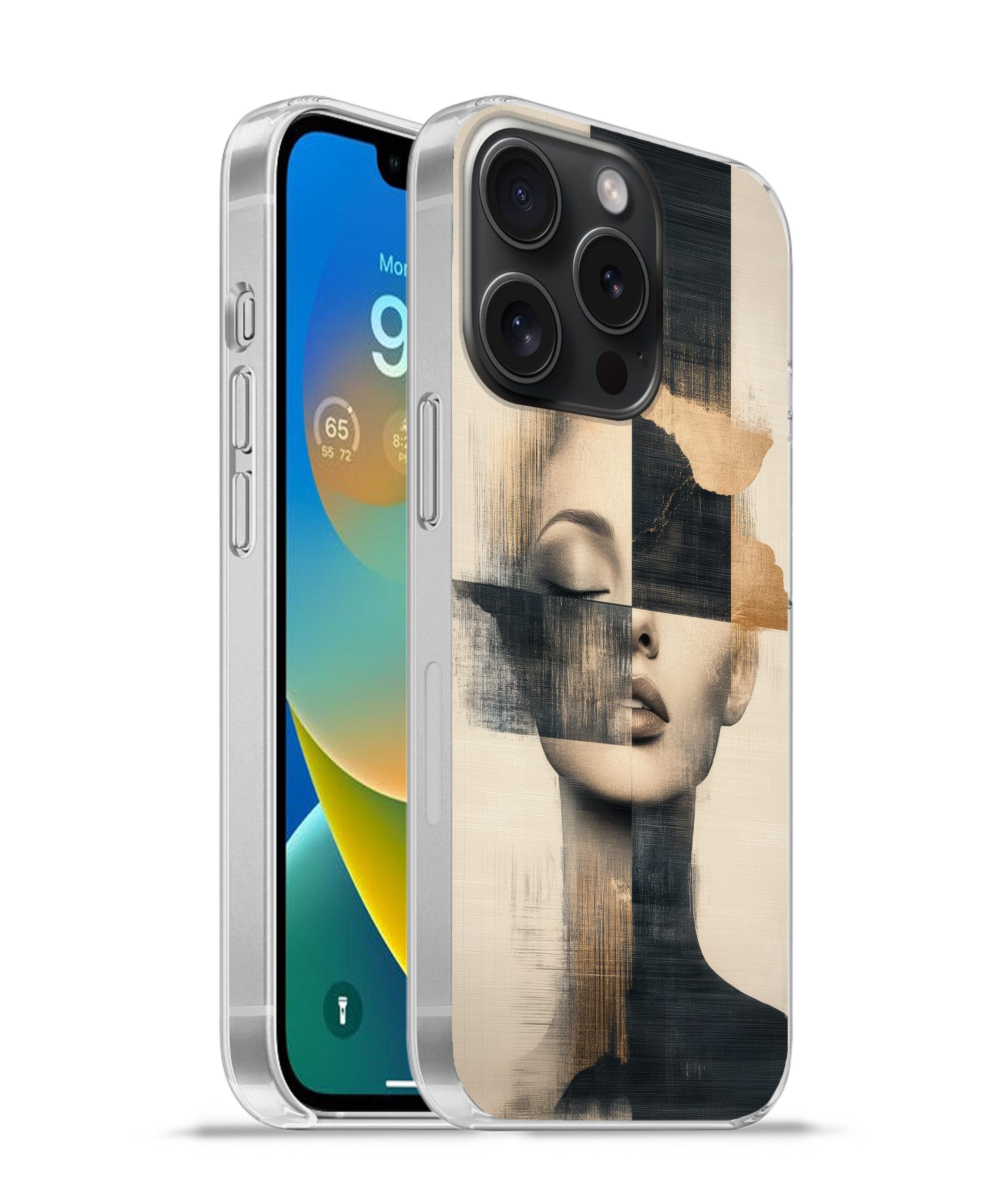 MuchoWow Handyhülle für Apple iPhone 15 Pro Gold - Frau - Rechtecke, Smartphone-Bumper, Print, Handy Schutzhülle Dünn