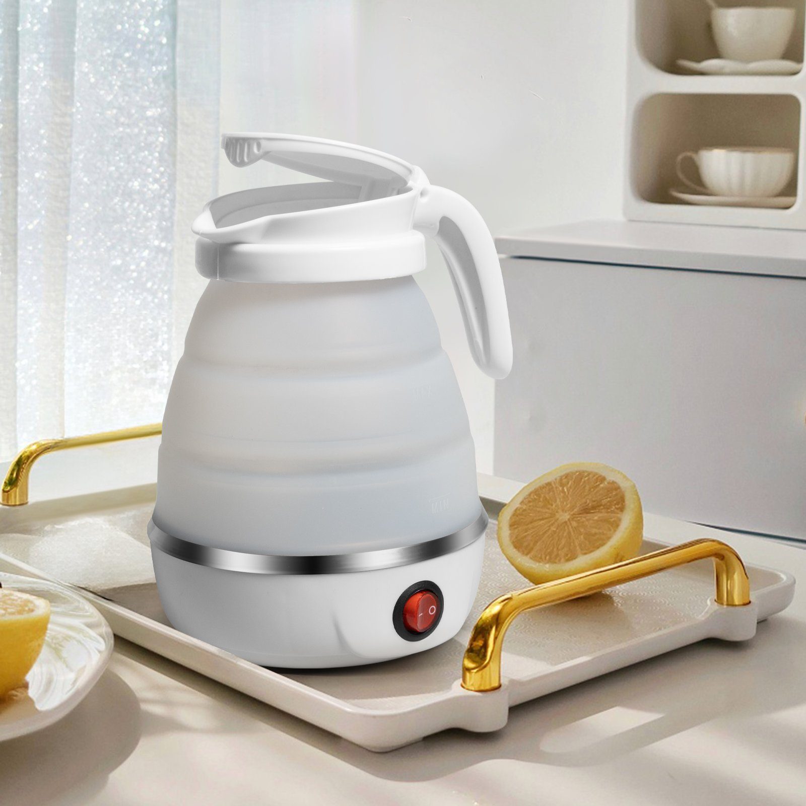 OZAVO Reise-Wasserkocher 0.6L 600W Mini Faltbarer Wasserkocher GLSH3141., 0.6 l, 600 W, Weißer kleiner Wasserkocher aus Silikon