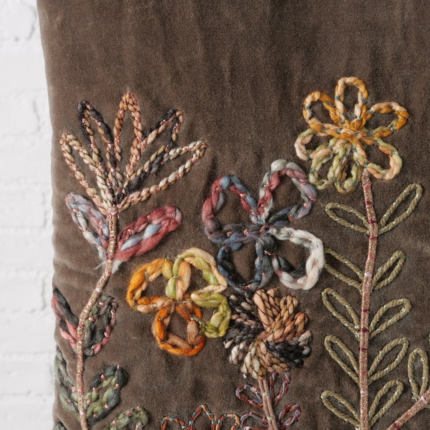 MF Dekokissen Kissen Florena Terra 45x45 cm Handbestickt Braun Floral