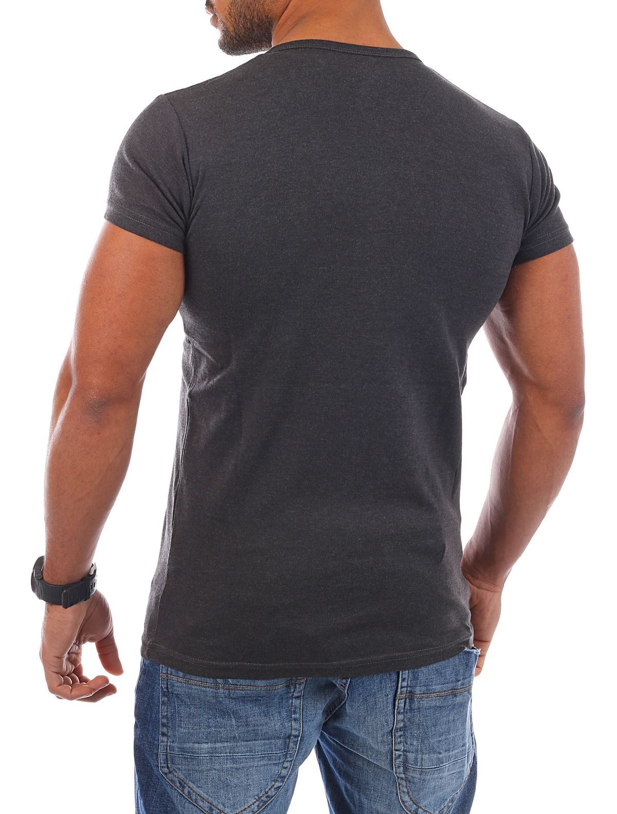 Young & Rich T-Shirt Herren basic fein gerippt mit trendigen extra großen Knöpfen 1872 mit Knopfleiste unifarben kurzarm slim fit