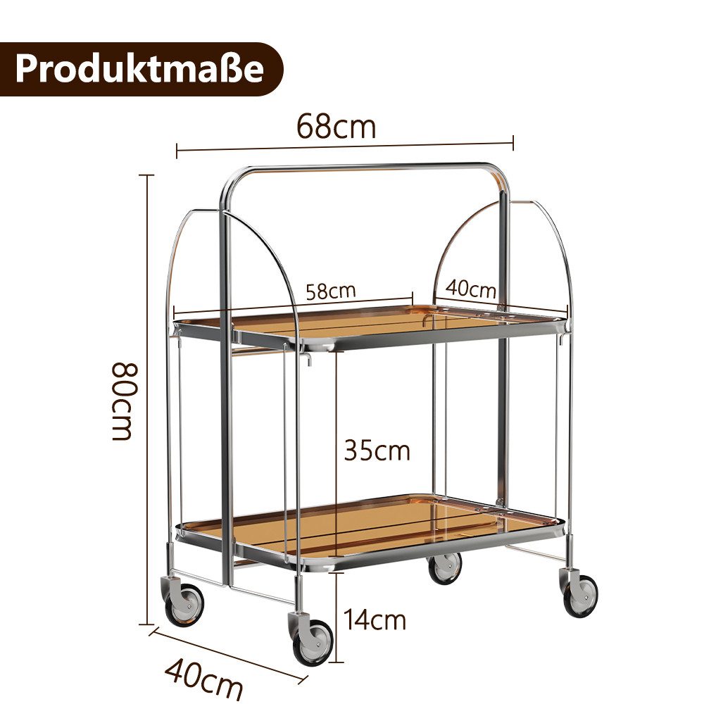 YMQHBS Küchenwagen Klappbarer Wagen (mit Bremse) mit 2 Hartglasböden,Servierwagen, Klappen Küchenwagen mit 4 Rollen, 68 x 40 x 80cm, für Küche Wohnzimmer – Bild 3 von 5