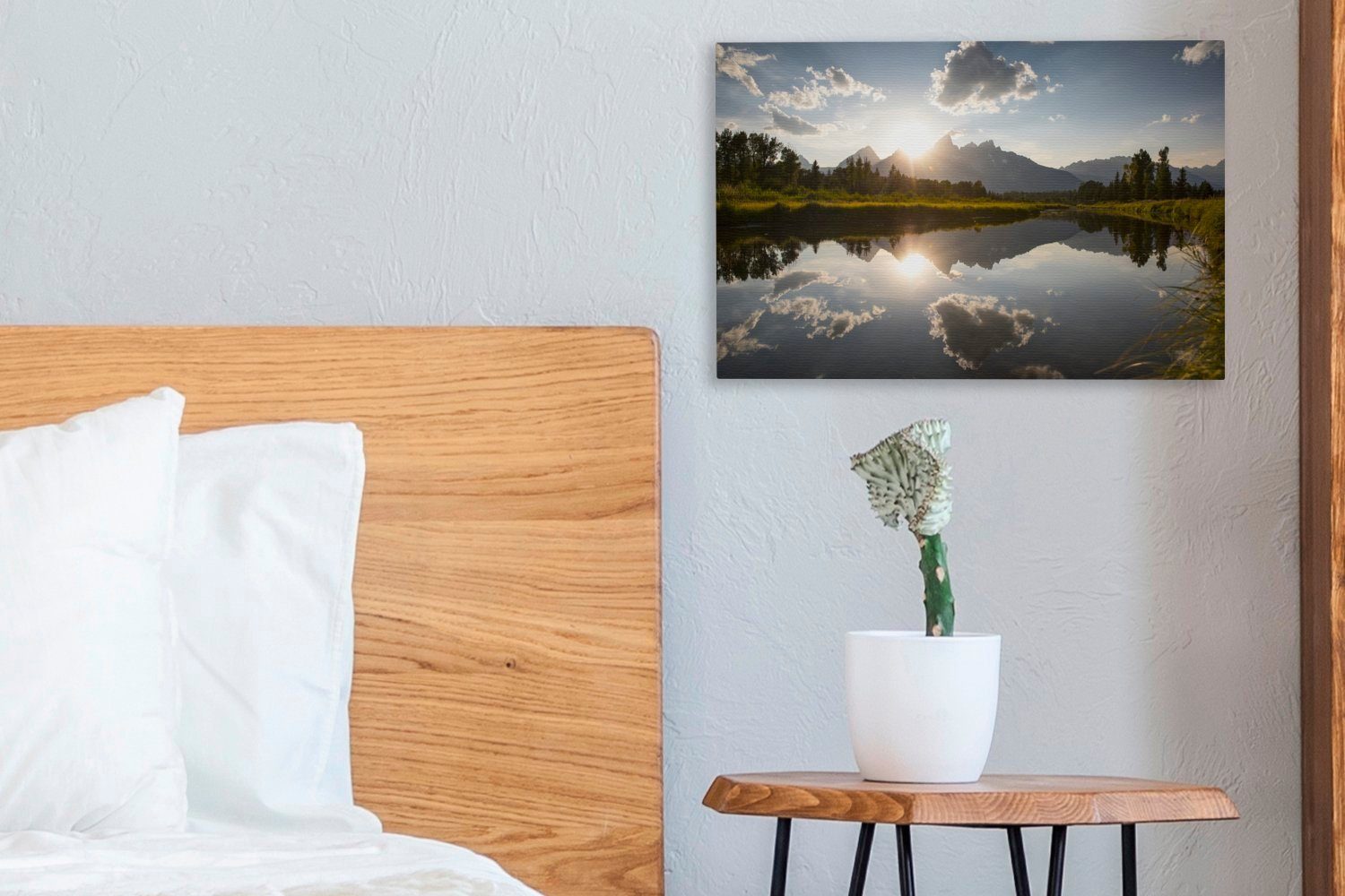 OneMillionCanvasses® Leinwandbild Untergehende Sonne hinter cm 30x20 Wyoming, Wanddeko, Teton-Bergen in St), Wandbild Leinwandbilder, Aufhängefertig, den (1