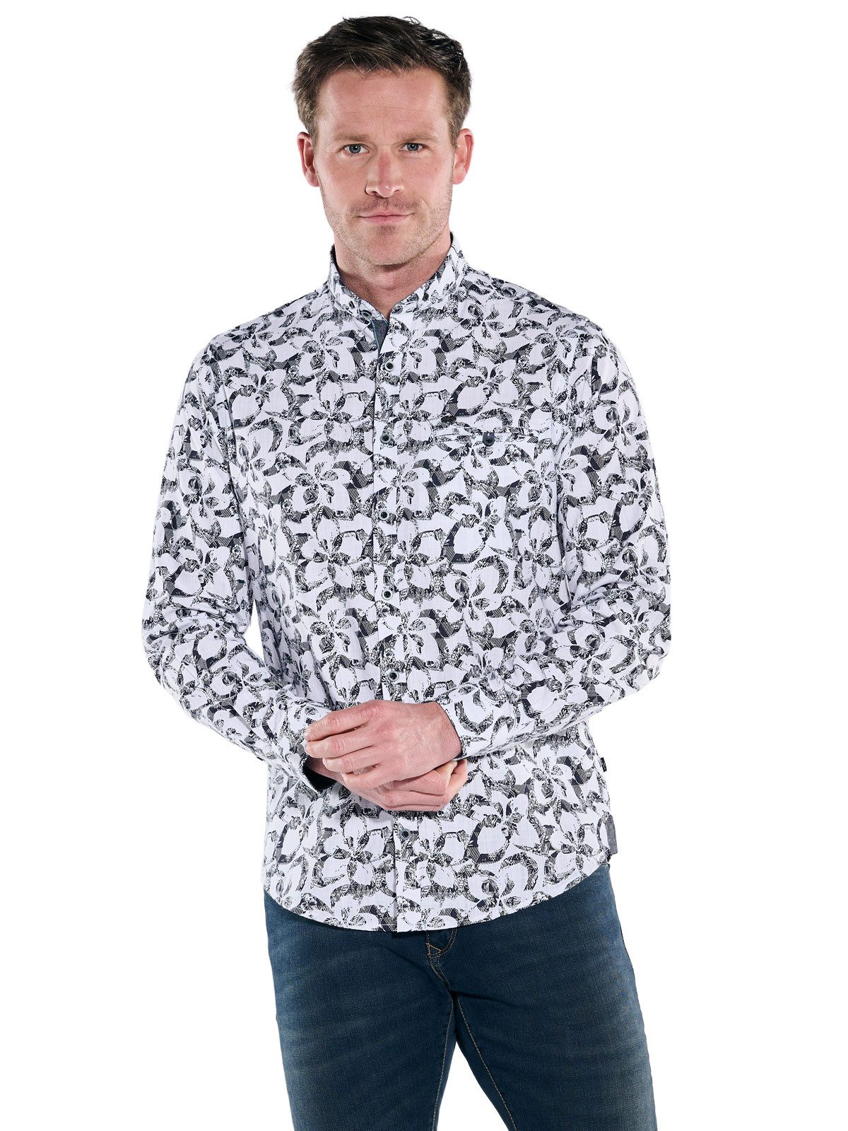 Engbers Langarmhemd Herren Langarm-Hemd gemustert, Marineblau