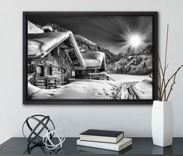 Pixxprint Leinwandbild Verschneite Alpenhütte, Wanddekoration (1 St), Leinwandbild fertig bespannt, in einem Schattenfugen-Bilderrahmen gefasst, inkl. Zackenaufhänger