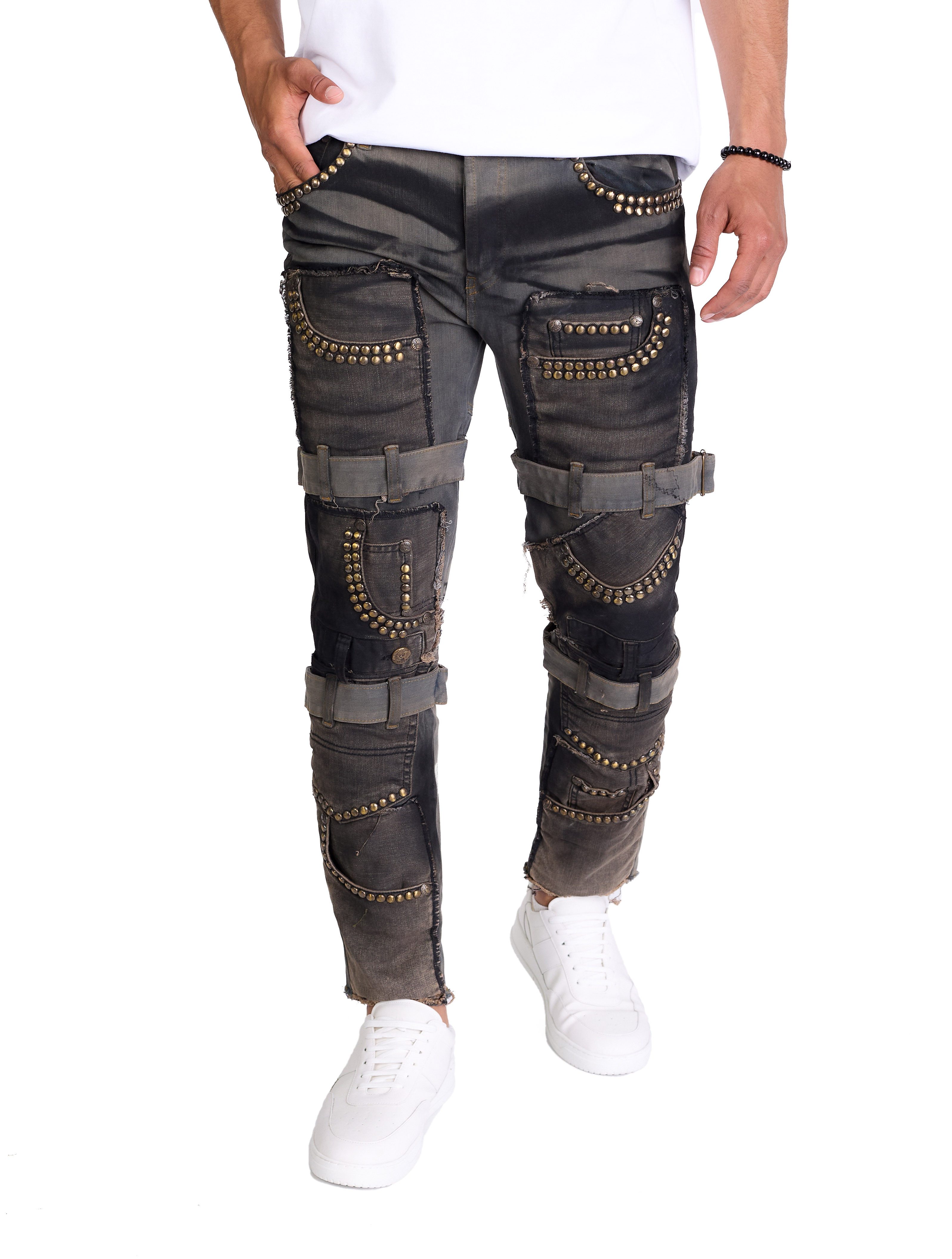KINGZ Slim-fit-Jeans Herren Designer Patchworkjeans mit Nieten günstig online kaufen