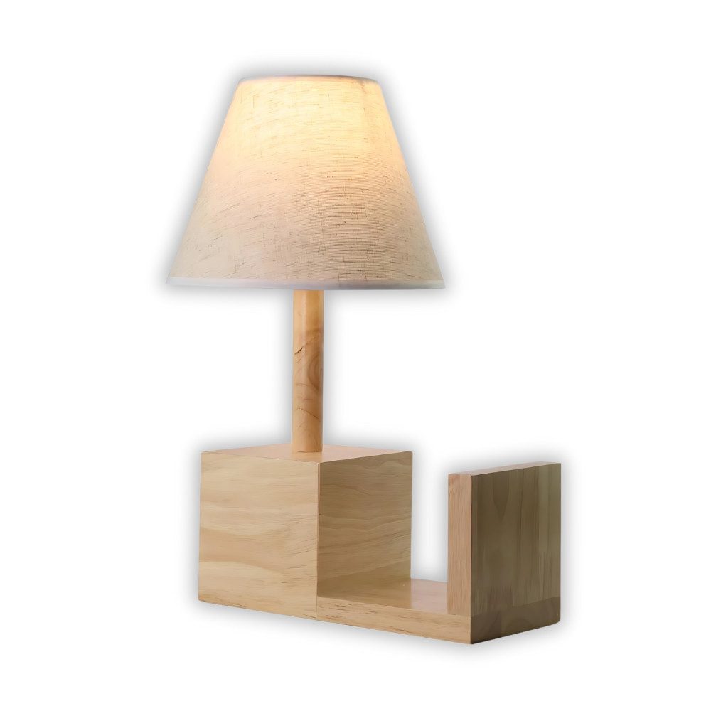 ENOVALITE LED Tischleuchte Tischleuchte aus Holz mit praktische Bücherablage und Stoffschirm