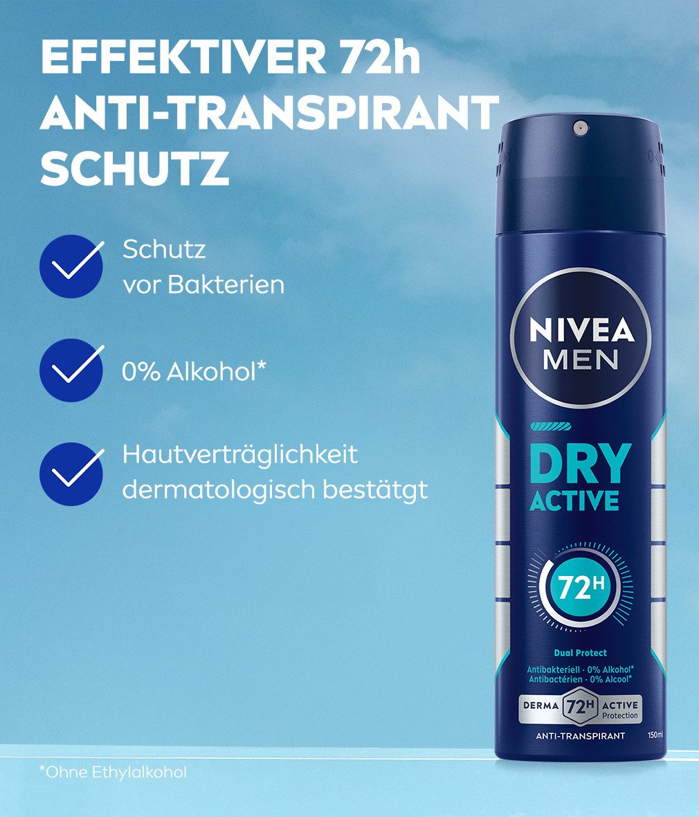 Nivea Men Deo-Spray Deodorant Dry Active 48h Aktiv-Schutz 6 x 150ml, Packung, 6-tlg., Zuverlässiger 72h Anti-Transpirant-Schutz, der Ihre Haut pflegt