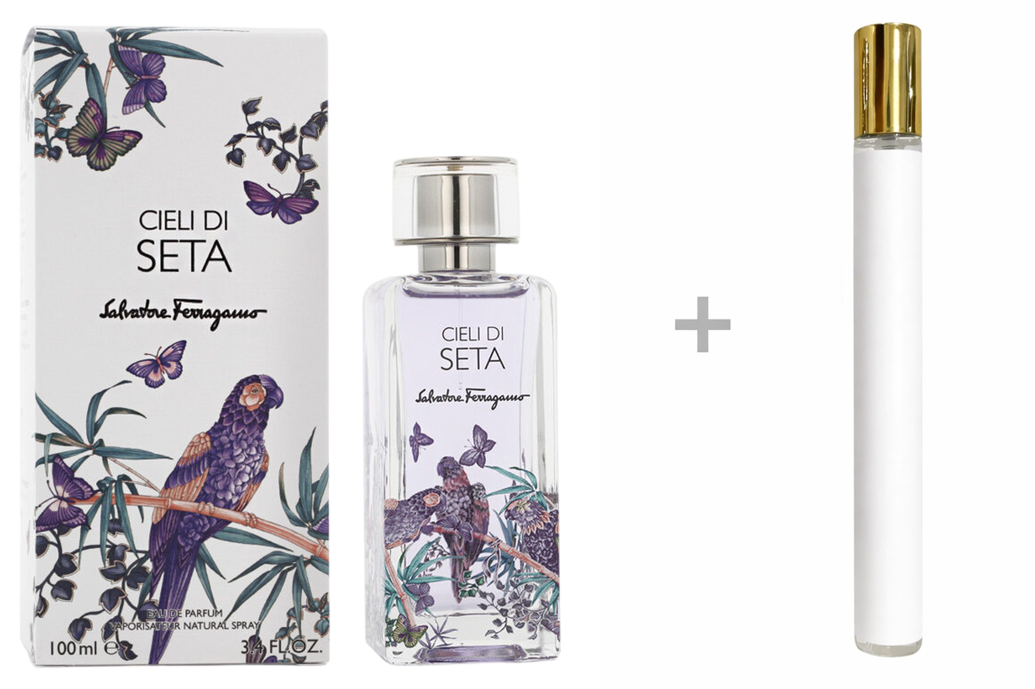 Salvatore Ferragamo Duft-Set Cieli di Seta Eau de Parfum (EDP) Damen Herry Spray mit Reiseduft, Fruchtig-würziger Duft mit schwarzem Pfeffer, Heidelbeere und Moschus