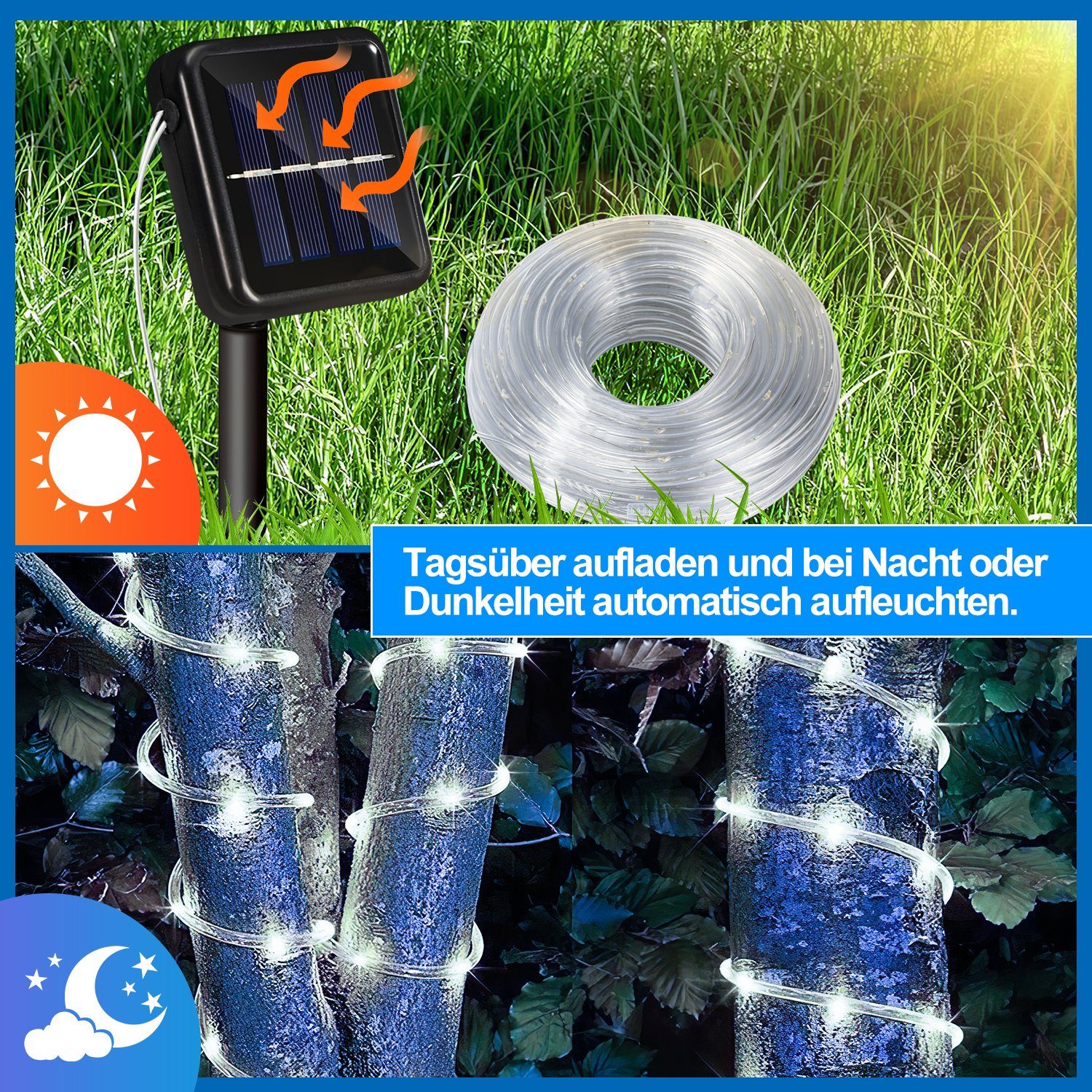 LED-Lichterschlauch Lichtschlauch 20m Solar Gimisgu Kaltweiß Lichterkette Wasserdicht Lichterschlauch LED