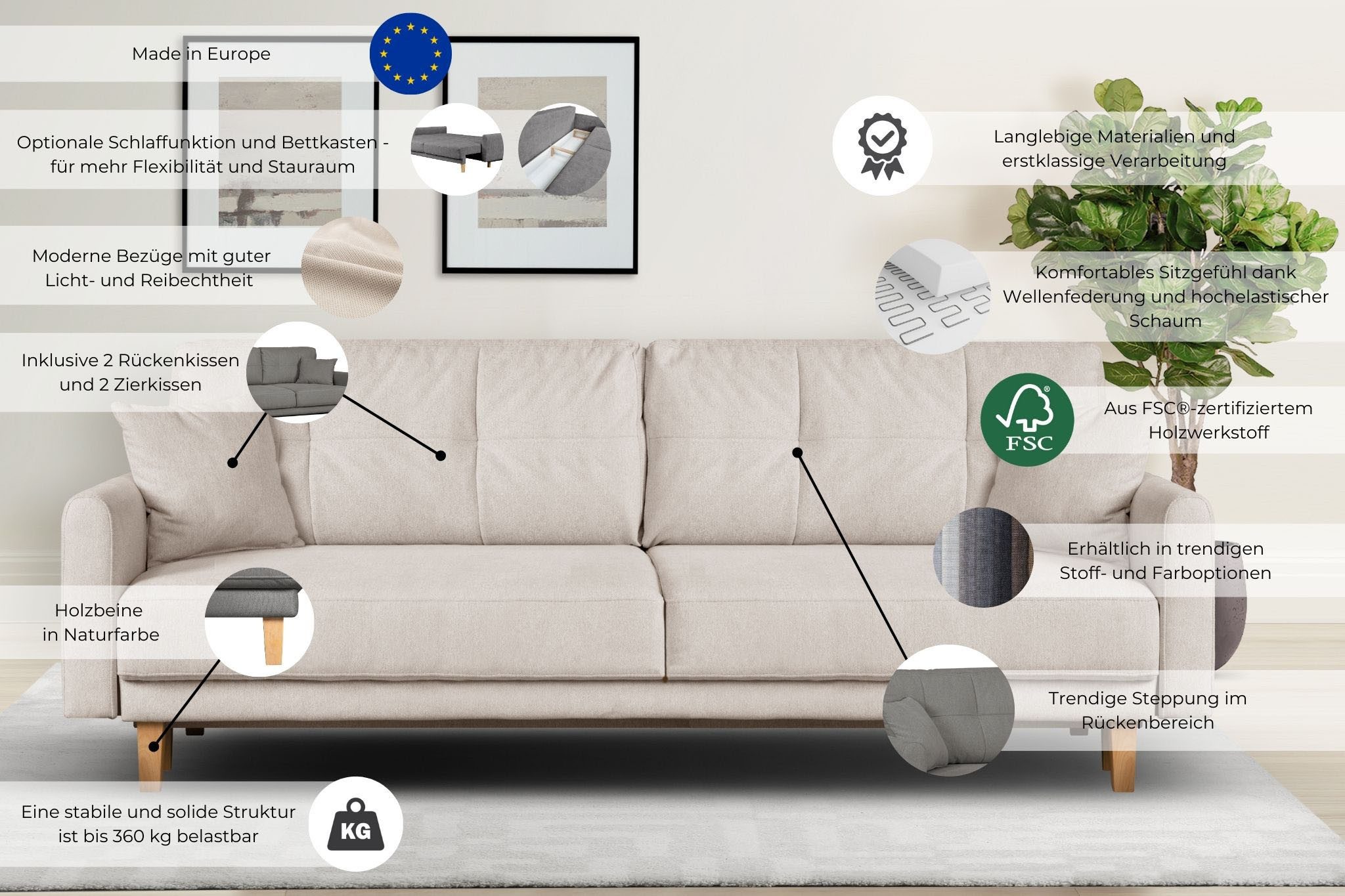 Home affaire 3-Sitzer TRIPLO optionale Schlafsofa mit Bettkasten, Maße B/T/H: 215/100/89 cm, Wahlweise Bettfunktion - Liegefläche 145x191 cm, Rücken-, Zierkissen