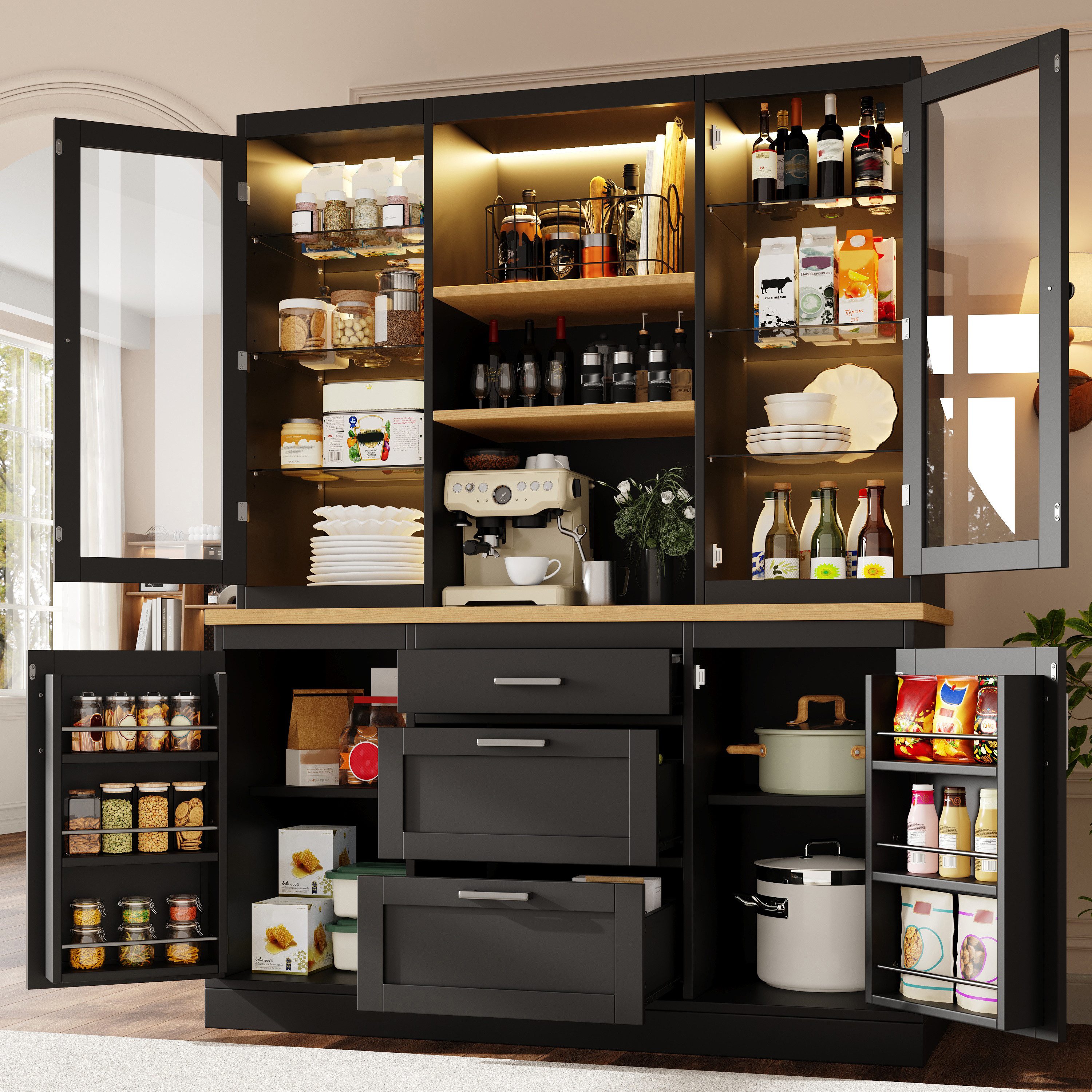 Flieks Küchenbuffet mit LED-Beleuchtung, verstellbarer Glaseinlegeböden und Arbeitsplatte (1-St., B140/T40/H185 cm) Hochschrank Küchenschrank Glasvitrine in Landhausstil Schwarz