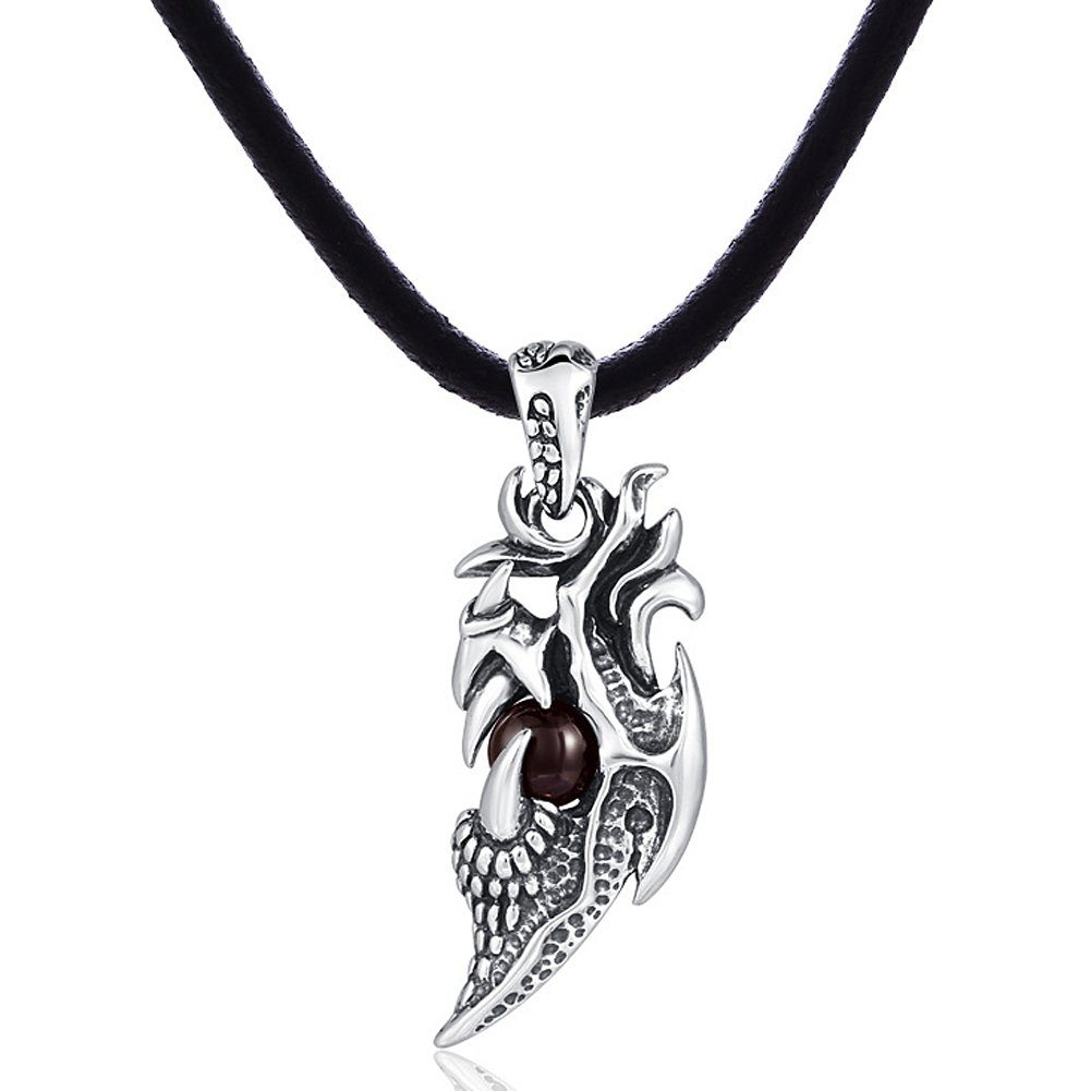 DonDon Kette mit Anhänger Lederkette Halskette 50 cm (1-tlg), Herren-Halskette mit Lederband, maskuline Anhänger, im Samtbeutel Drachenzahn mit schwarzer Kugel