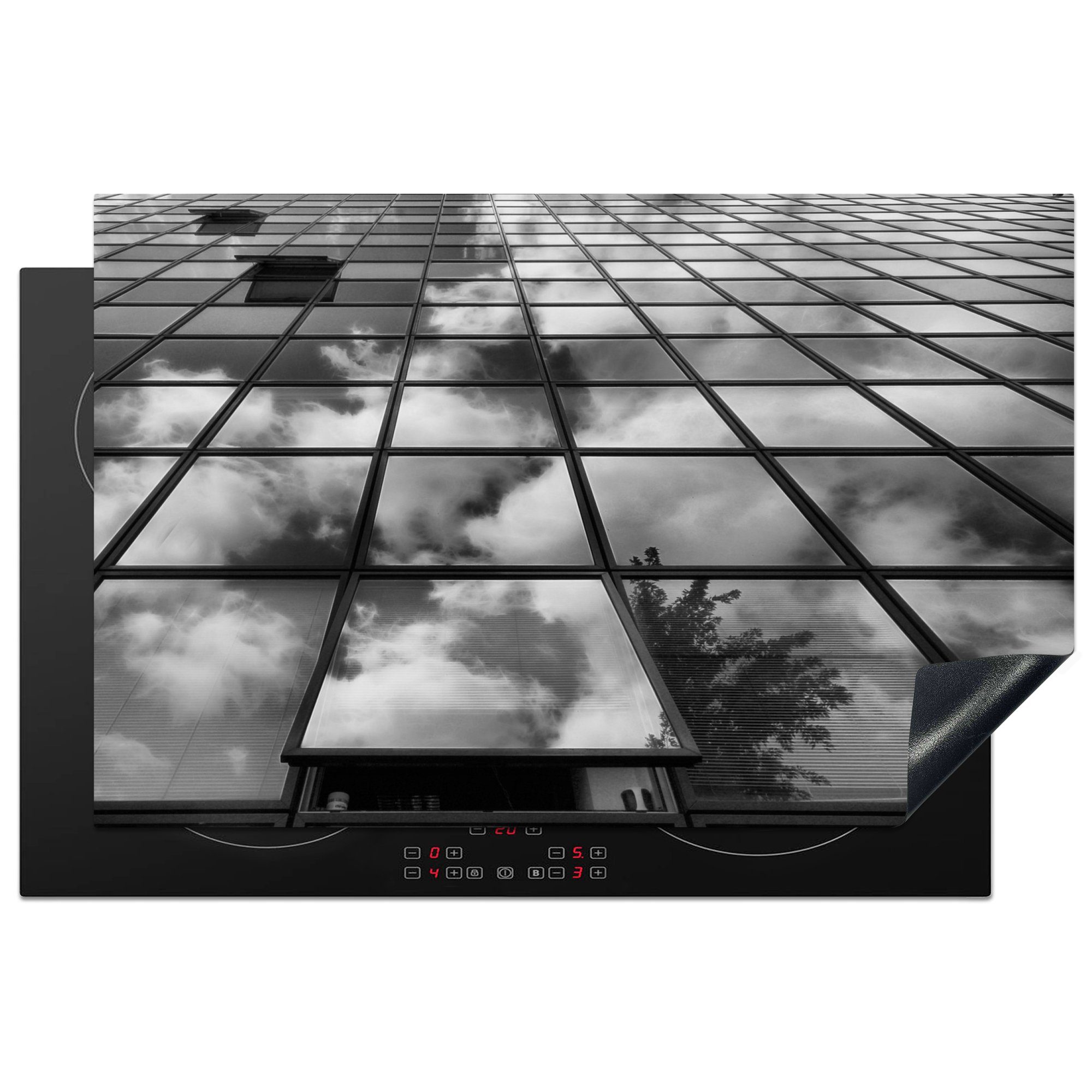 MuchoWow Herdblende-/Abdeckplatte Eine Fenstermatrix eines modernen Büros in schwarz-weiß, Vinyl, (1 tlg), 81x52 cm, Induktionskochfeld Schutz für die küche, Ceranfeldabdeckung