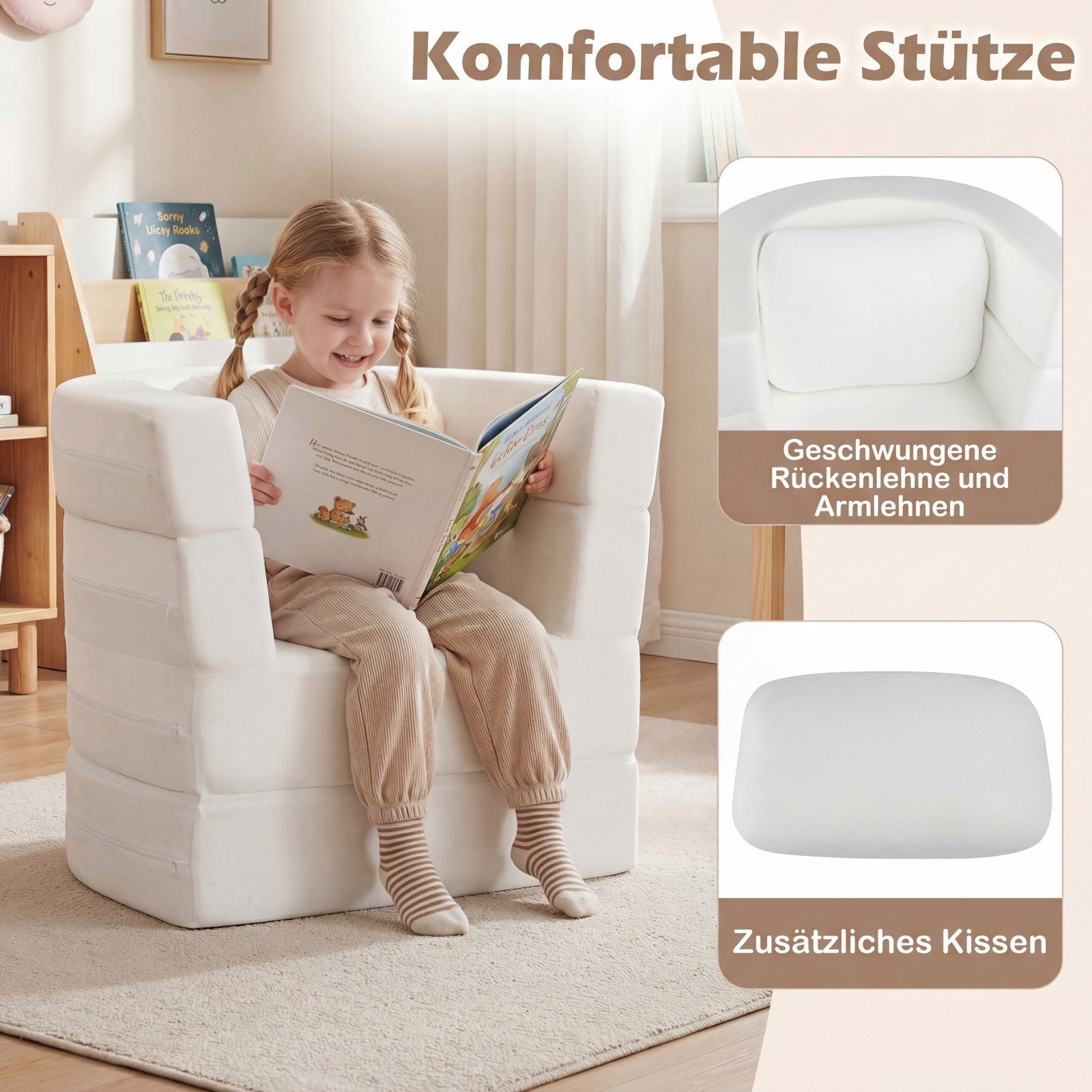 COSTWAY Kindersofa, 3 in 1, ausklappbar Spielsofa mit Schlaffunktion, Kissen Weiß