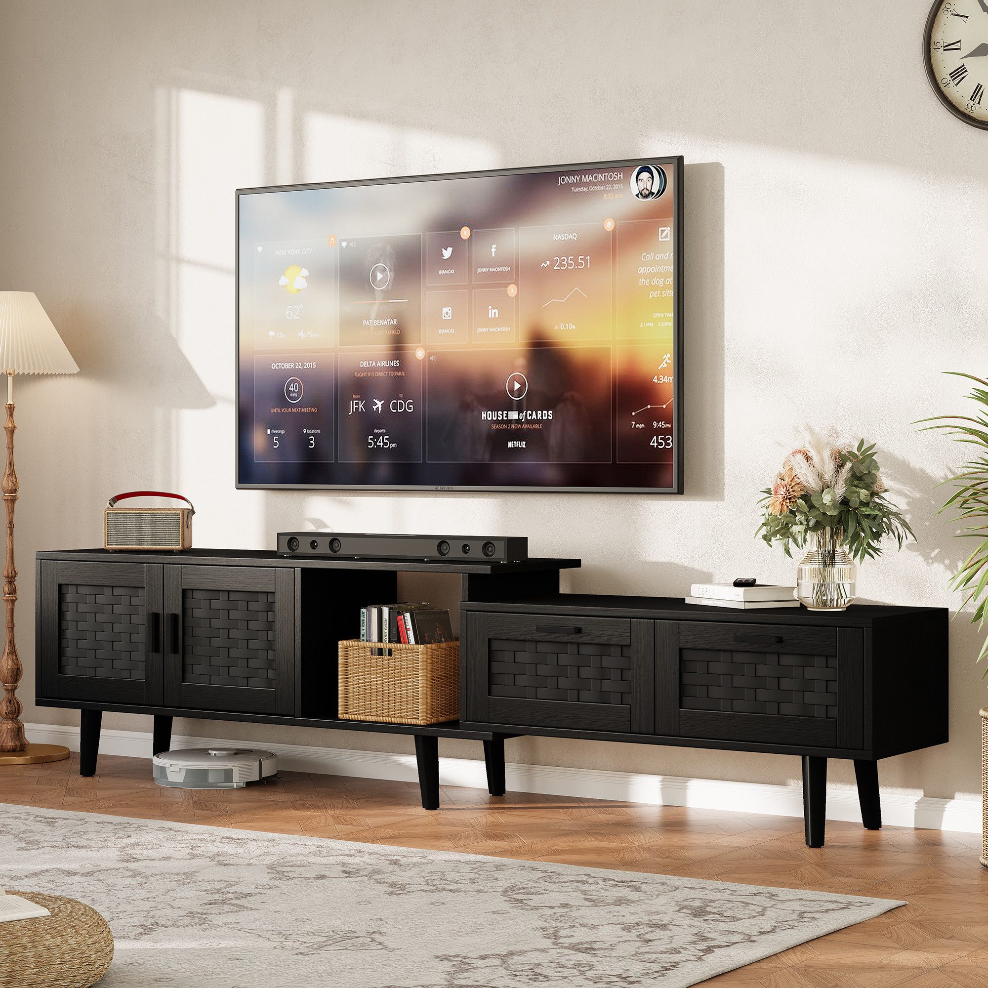 PXloue Lowboard TV-Schrank mit Viel Stauraum (Türen und 2 Schublade), Breite 169 cm (Holzfarbe) Rattan-TV-Schrank