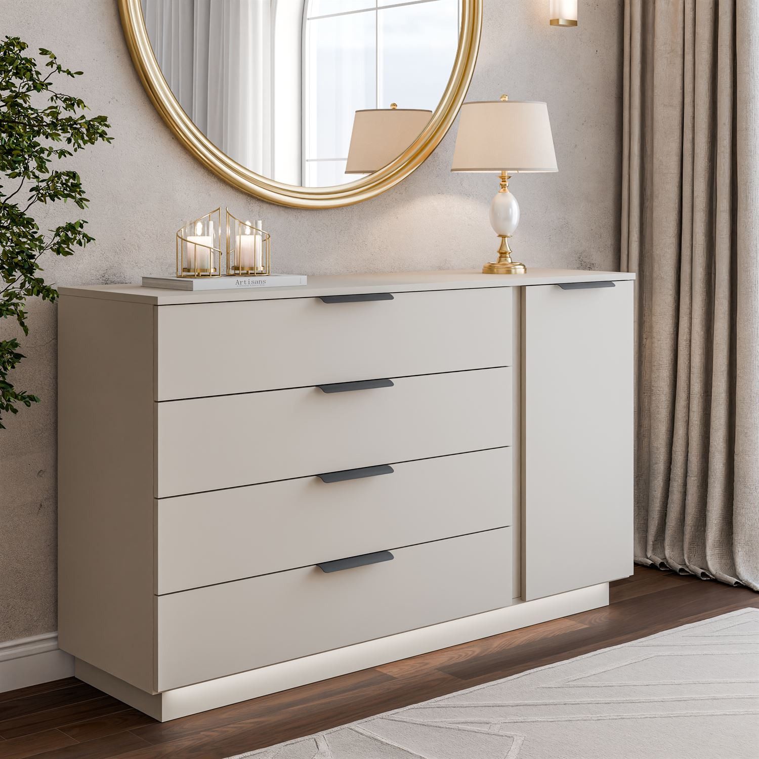 Lookway Kommode LINA KASCHMIR 1D4S mit LED-Beleuchtung auf Sockel, Breite: 138 cm