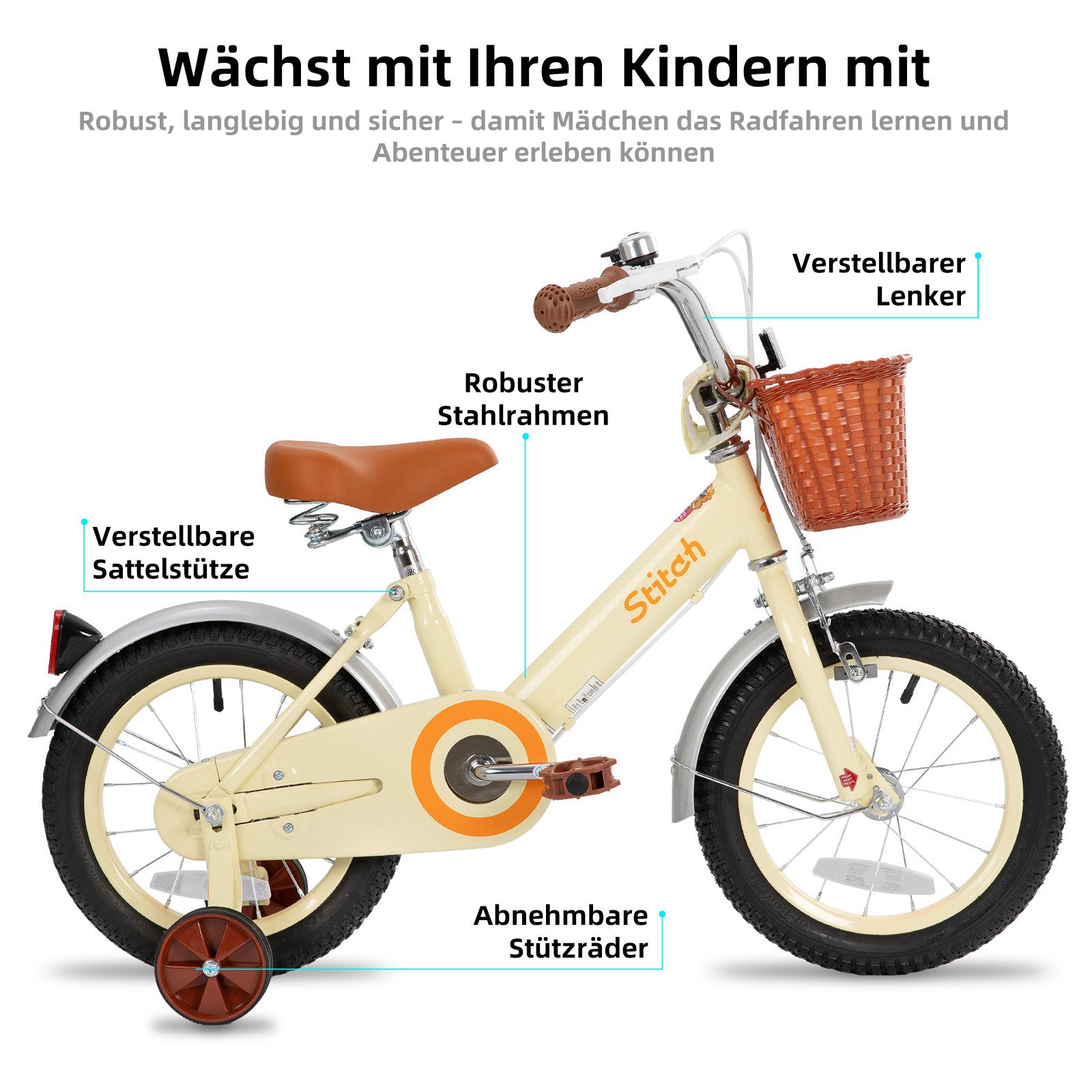 JOYSTAR Kinderfahrrad Vintage 12 14 16 18 Zoll Kinderfahrrad für 2-8 jährige Mädchen, mit Stützrädern, Kotflügel, Korb, Fahrradklingel, Reflektorplatte