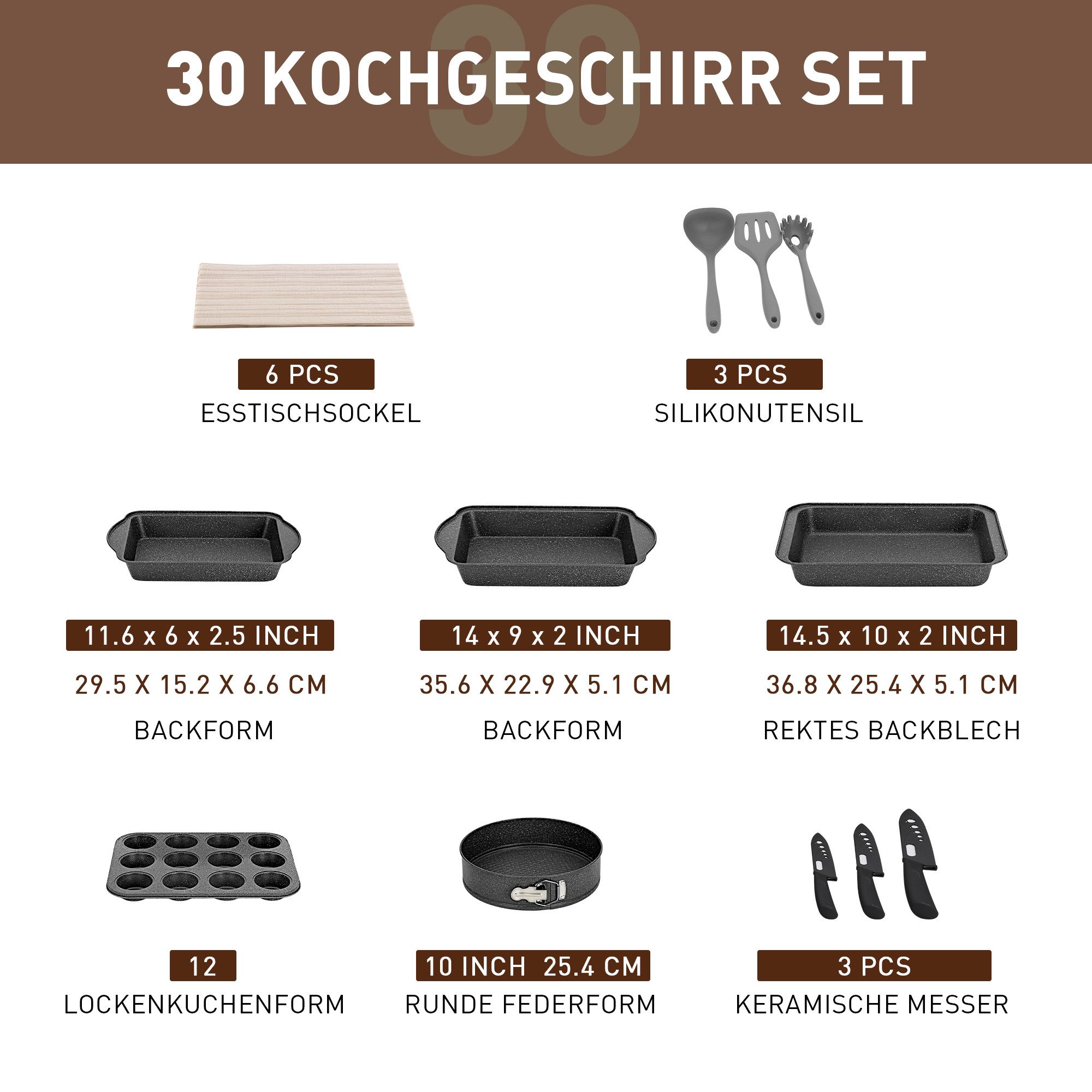 Kitchen Academy Topf-Set, Aluminium, Granit (30-tlg, Pfanne 14/20/24,5/28 cm, Bratpfanne 24,5cm, Kasserolle 1,5/3/5 qt, 2 Backform, Kastenform, Rundeform, Muffinform, Silikonbesteck), Küche Induktion Kochgeschirr & Backgeschirr Set 30-teiliges
