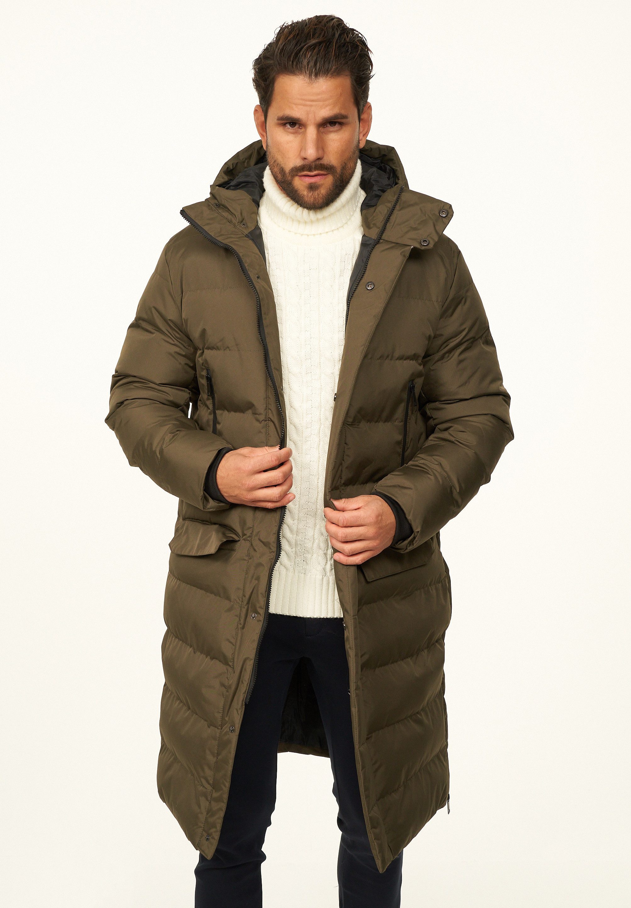 OneRedox Parka mit Kapuze als Winterjacke - Langer Steppmantel Herren warme Pufferjacke Steppjacke - Langer Wintermantel