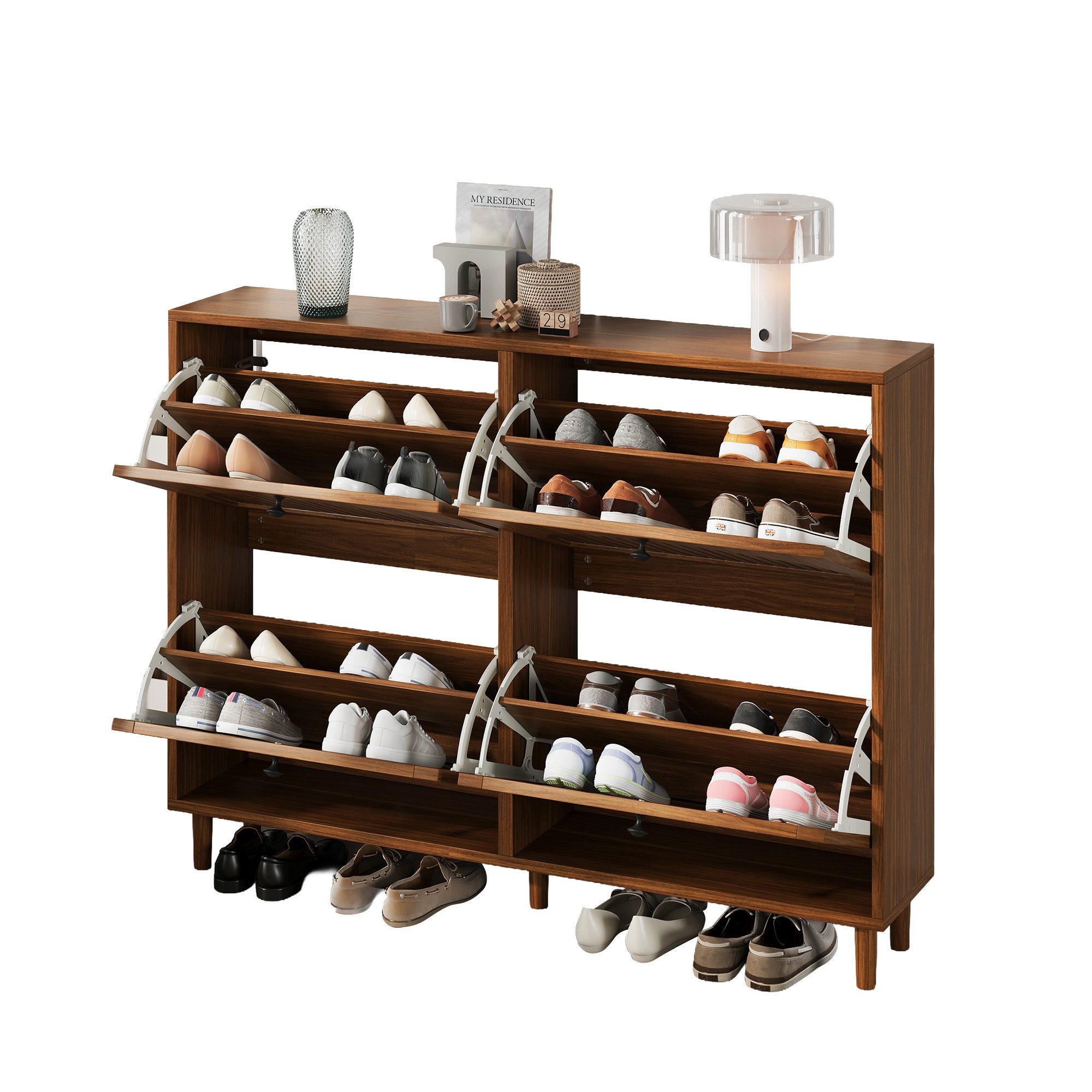 Merax Schuhschrank in Walnussholz-Optik (Schuhregal Schuhaufbewahrung für Eingangsbereich, 1-St) Schuhkommode mit 4 Kipptüren, 8 Fächern & Stauraum, 120x24x90cm