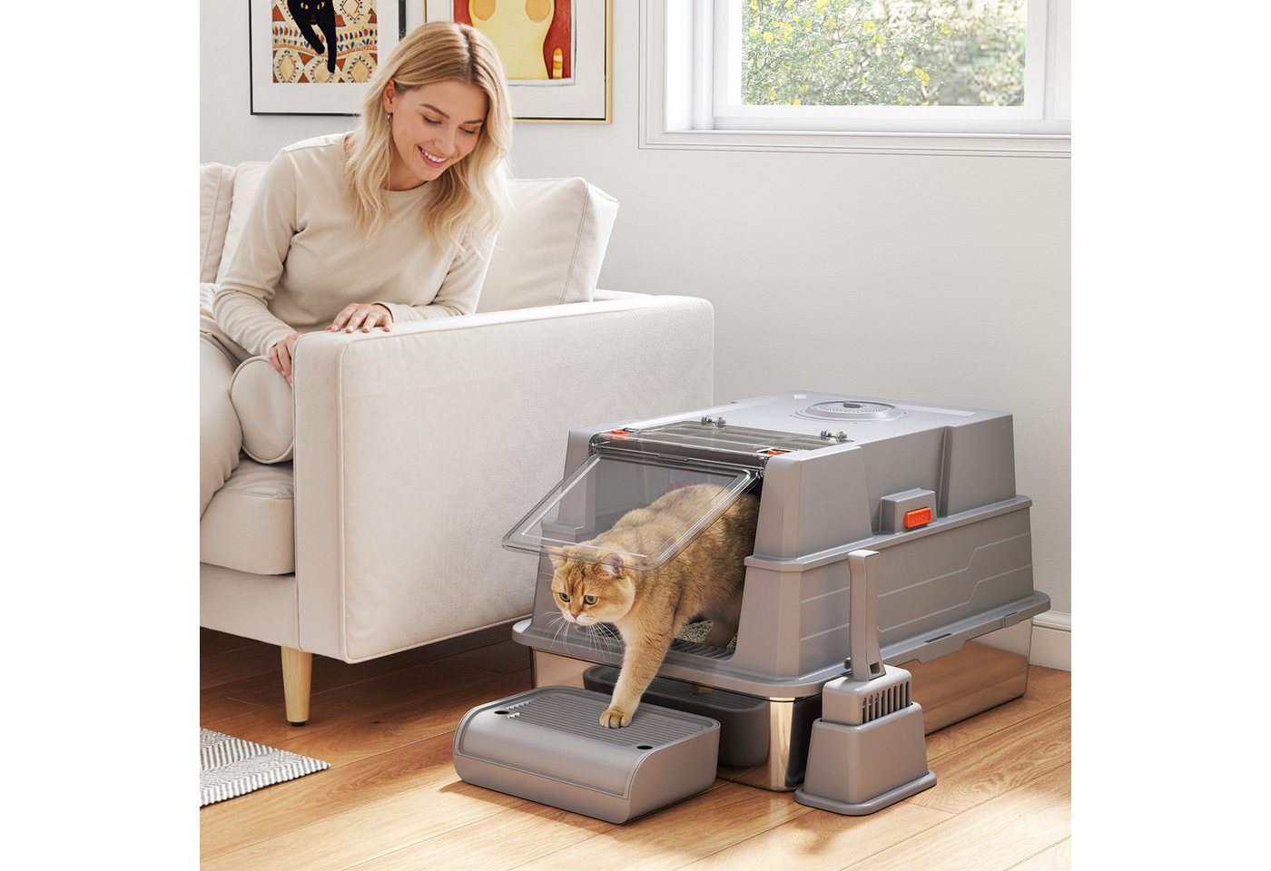 PawHut Katzentoilette Katzenklo XXL mit 180° Klappdeckel, Cat Litter Box, aus Edelstahl für 3 Katzen mit jeweils bis 10 kg 70 x 50 x 43 cm Grau